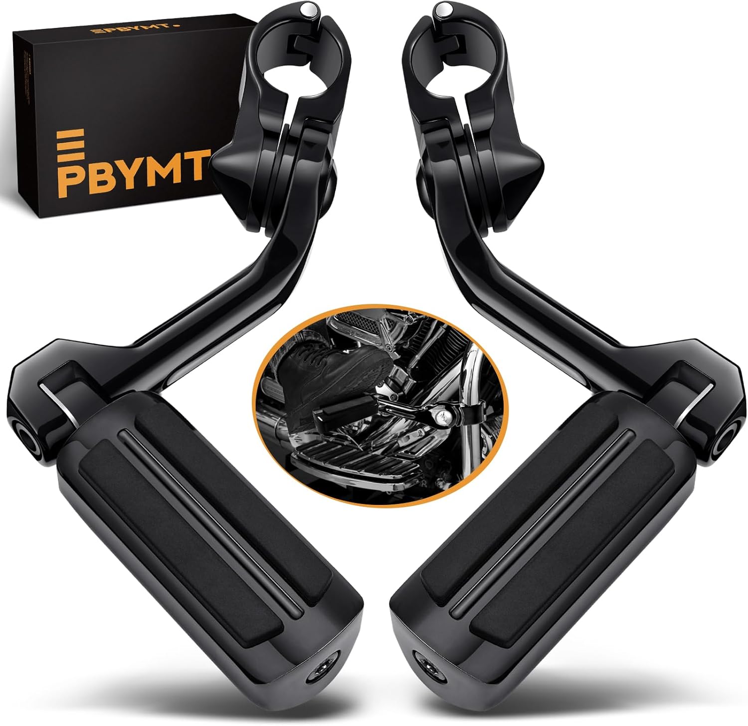 PBYMT Highway Pegs Long Angled 304 Stainless Steel, Highway Footpegs Footrest Fit For 1''&1.25''(25/32mm) Crash Bars Compatible with Harley Davidson Touring Streel Guide Black