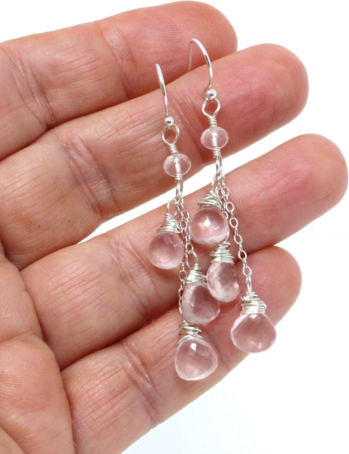 Rose Quartz Earrings Dangle Pale Pink Waterfall Briolettes Sterling Silver Gemstones Cascade 2.1 Inches
