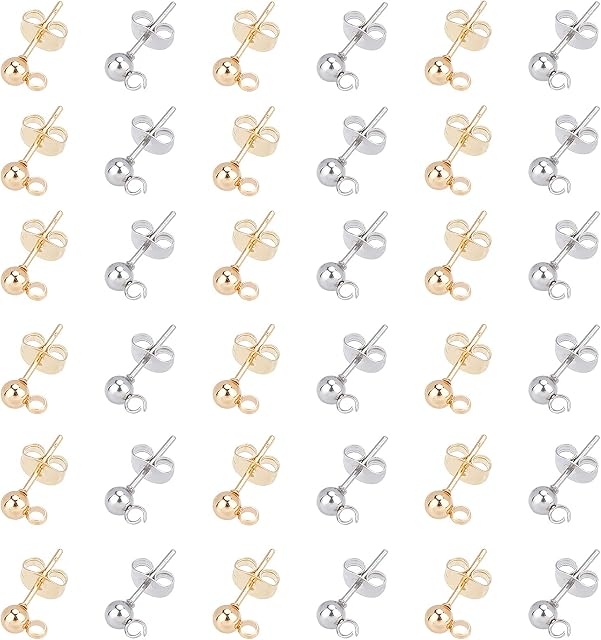 UNICRAFTALE 40pcs Ball Stud Earrings 304 Stainless Steel Stud Earring Finding with Hole Golden & Stainless Steel Color Ball Earring Hooks Earring Parts for Jewelry Making Pin 0.8mm