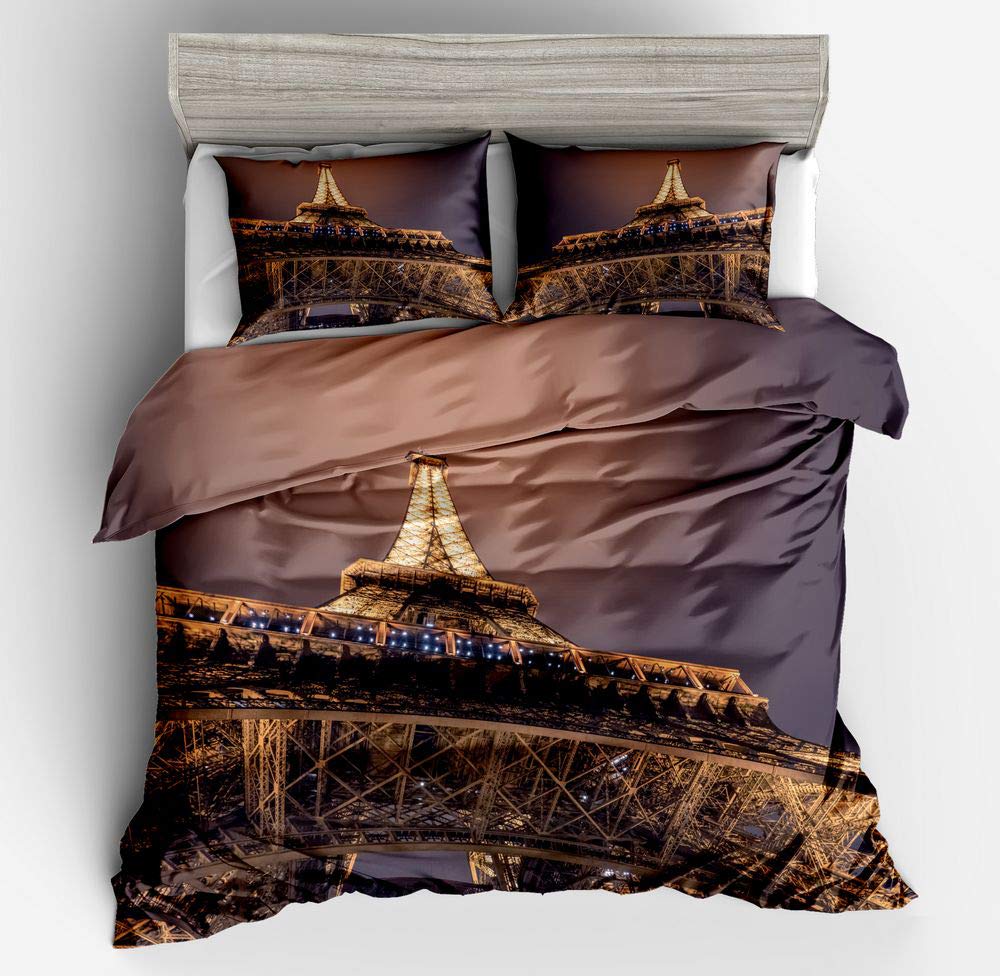 Erosebridal Eiffel Tower Duvet Cover Queen Paris Night Printed Comforter Cover for Kids Teens Brown and Grey Bedding Set with Zipper 3Pieces Cityscape Decor Bedding Quilt Set with 2 Pillow Shams