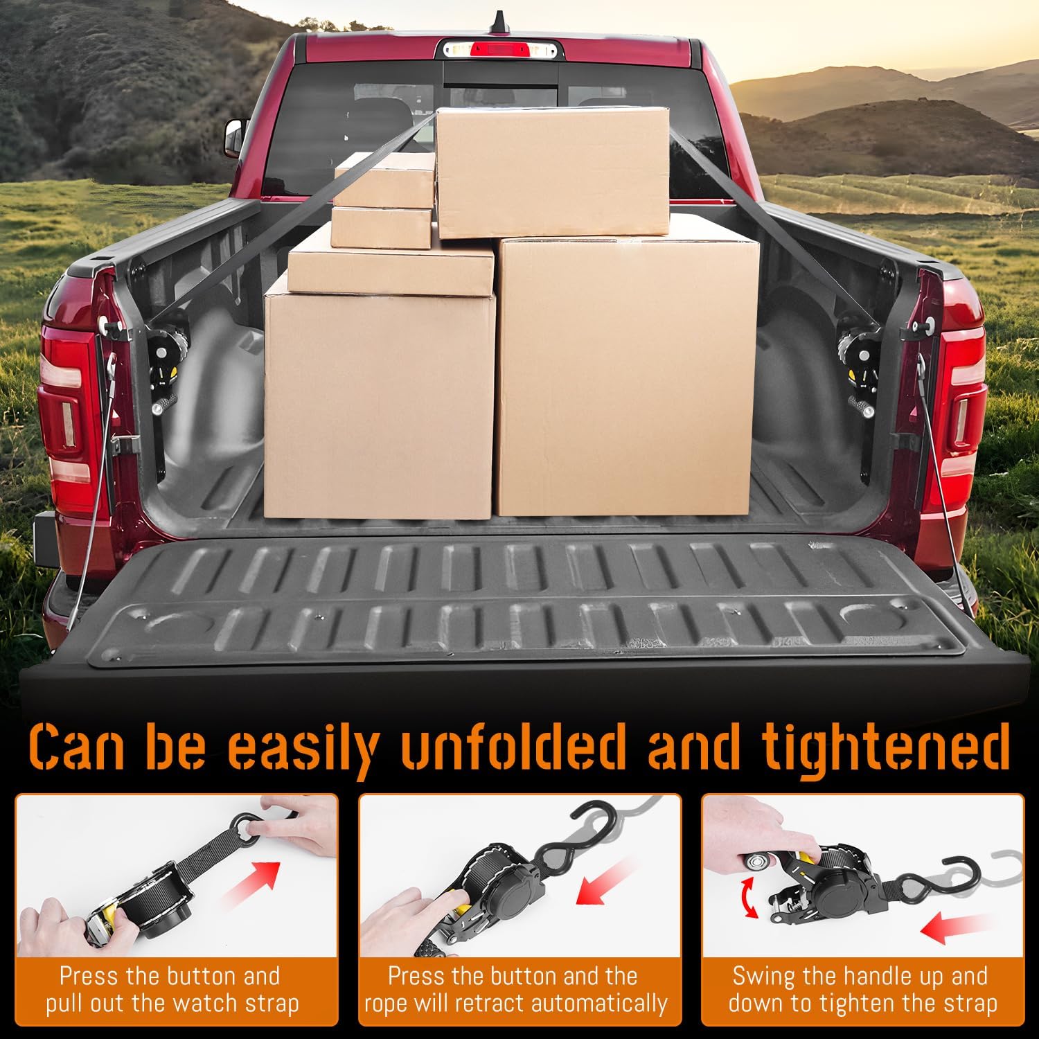 Retractable Ratchet Tie Down Straps Compatible with for Dodge Ram 1500 2009-2018,Lockable Truck Bed Tie Down Ratchet Straps Self Retractable with Hooks,Rear Trunk Mounting Accessories