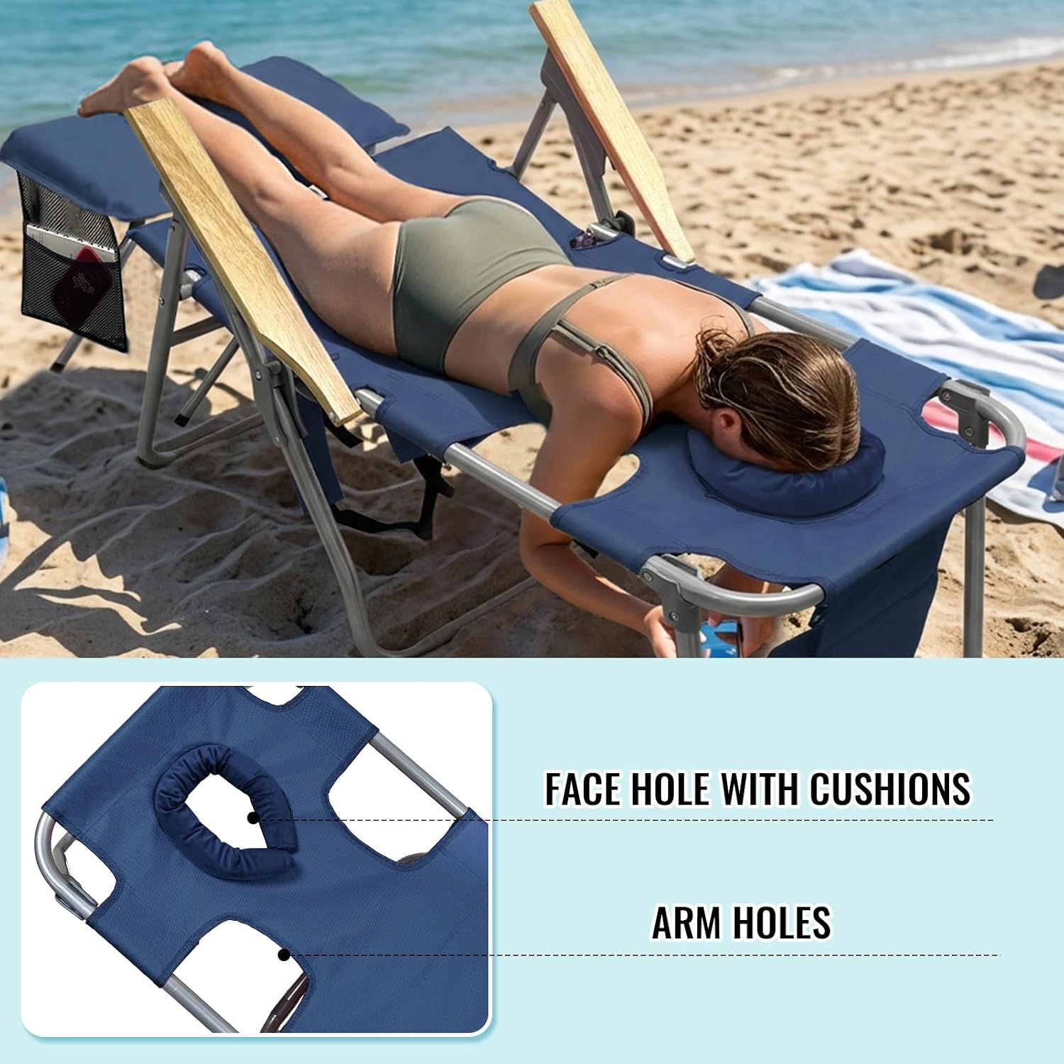 16" Tall Backpack Beach Tanning Chair with Camping Stool for Adults, Heavy Duty 5-Position Folding Beach Chair with Face Hole 265LBS Navy