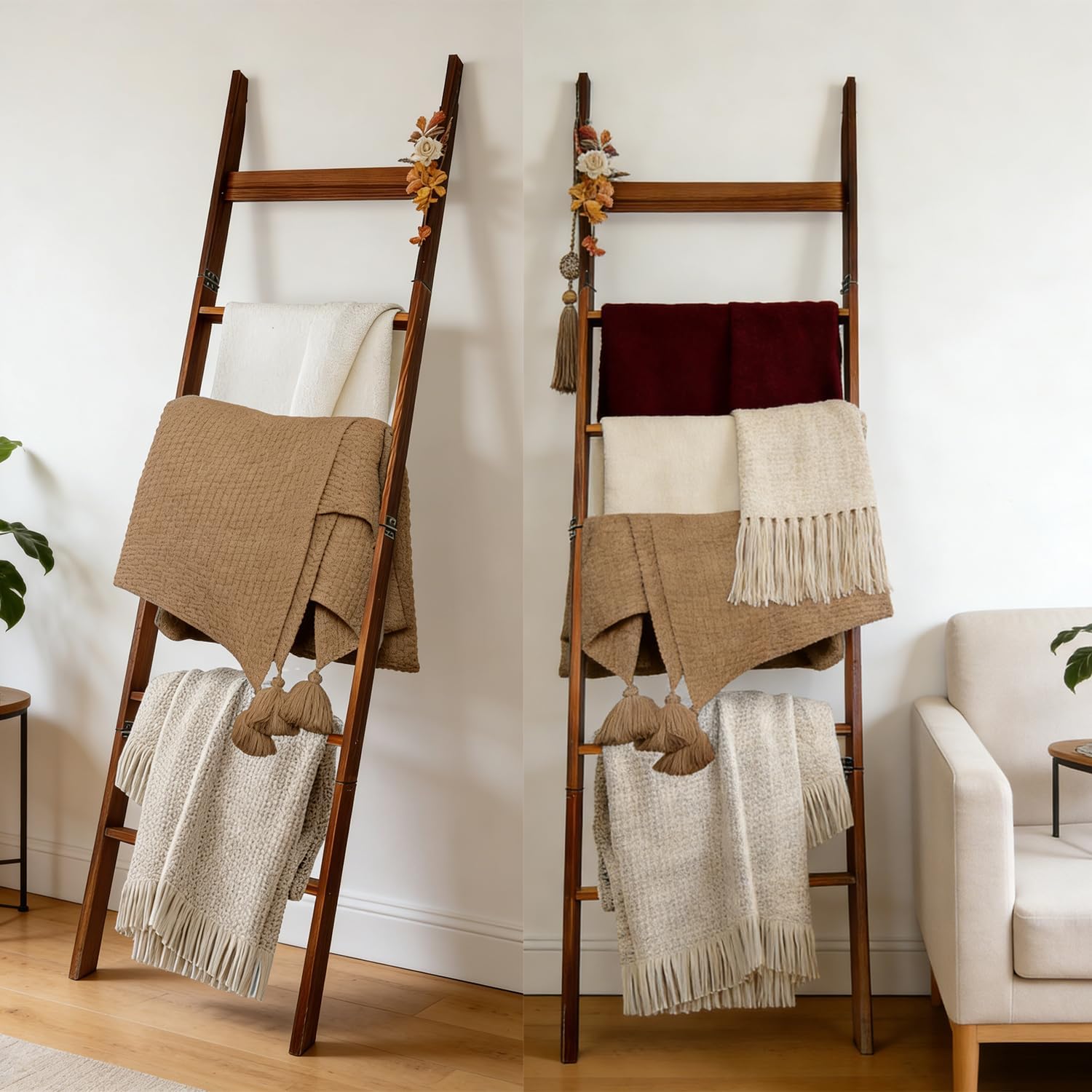 Rustic Wooden Blanket Ladder Towel Rack - 68" Wall Leaning Decorative Ladder Shelf for Living Room Bedroom Bathroom, Farmhouse Blanket Holder for Blankets, Towels, Scarves, Hats