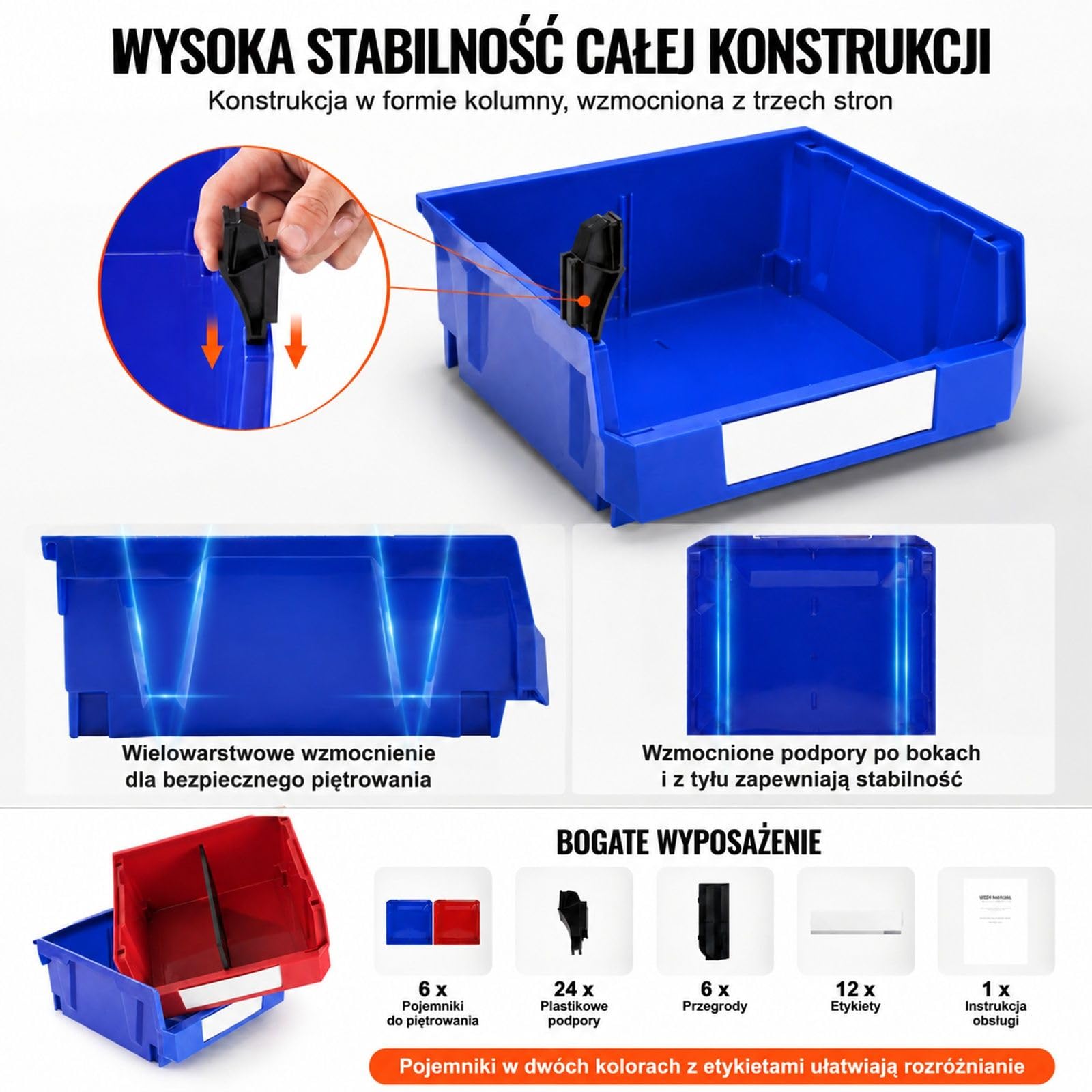 Zestaw 6 plastikowych pudełek do przechowywania, składanych, niebieskich i czerwonych, z otwartym przodem do regału