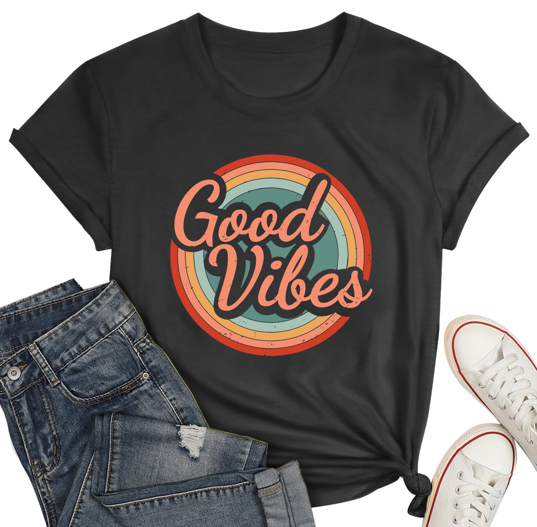 hohololoWomen Vintage T-Shirt Rainbow Graphic Print Tee Shirts Summer Short Sleeve Tops