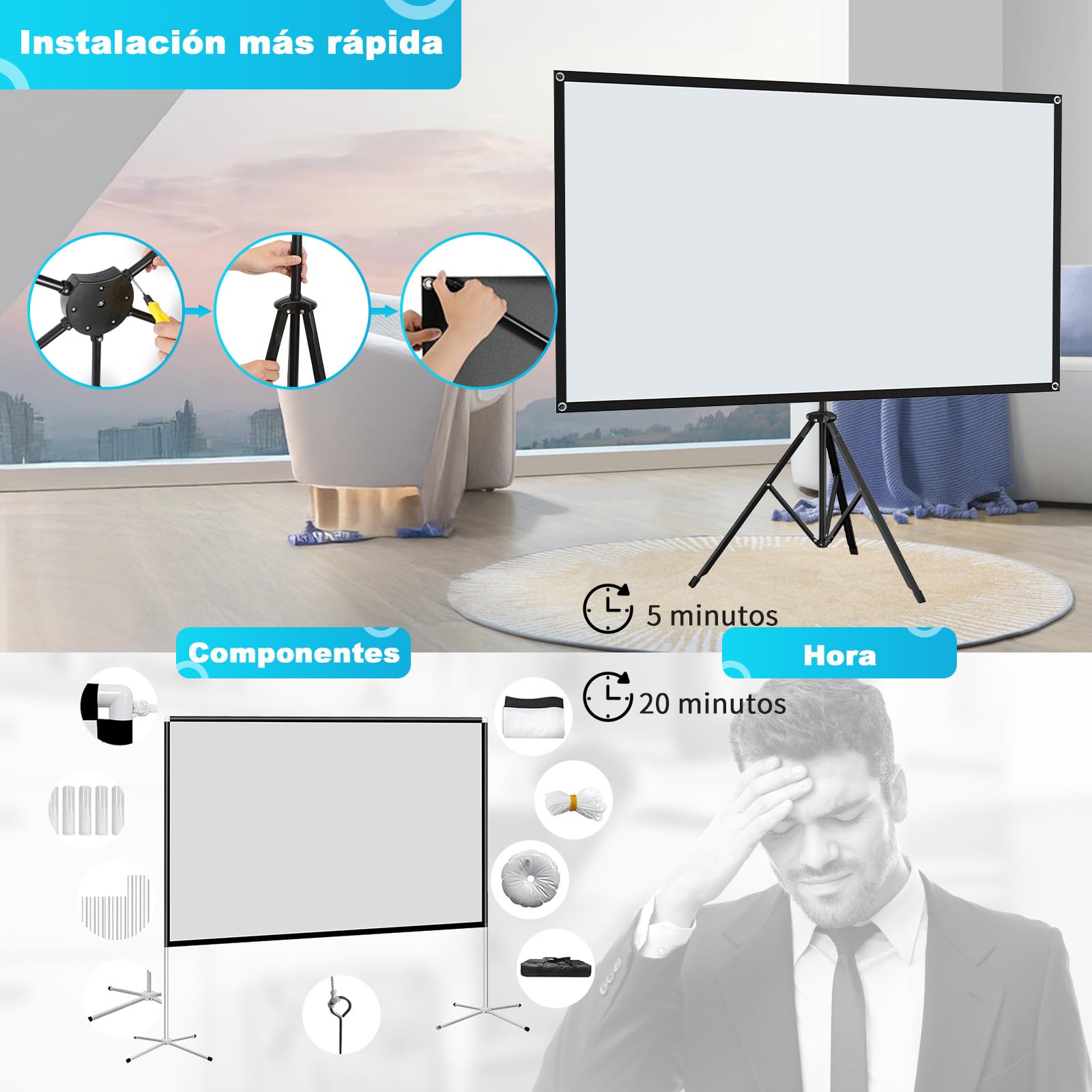 VISULAPEX 80" ALR Pantalla Proyector con Trípode, 16:9 Tela Proyector Portátil, para Interior y Exterior Cine en Casa Camping Eventos Recreativos