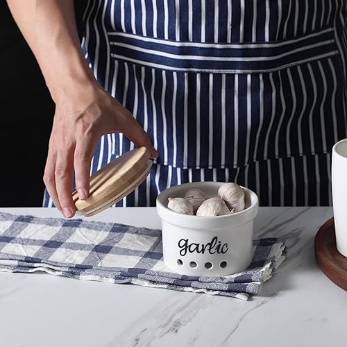 Miniatura 6 de HAOTOP Garlic Keeper con tapa, recipiente de cerámica para encimera, decoración de cocina de granja