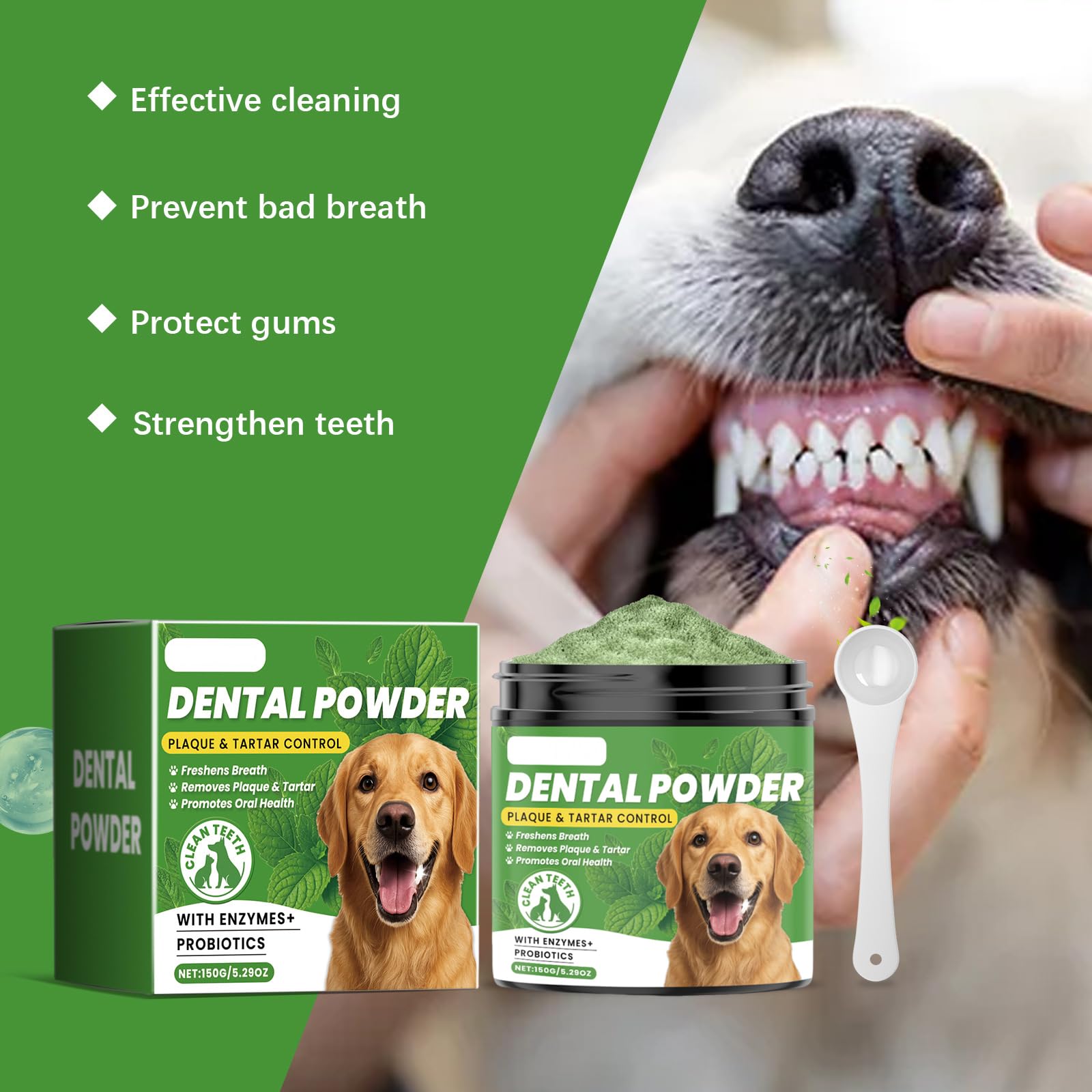 Polvo dental para perros para la limpieza dental, polvo para el cuidado dental de perros, polvo para limpieza dental sin cepillo, control de placa y sarro con probióticos, sabor a menta. (8 Cajas)