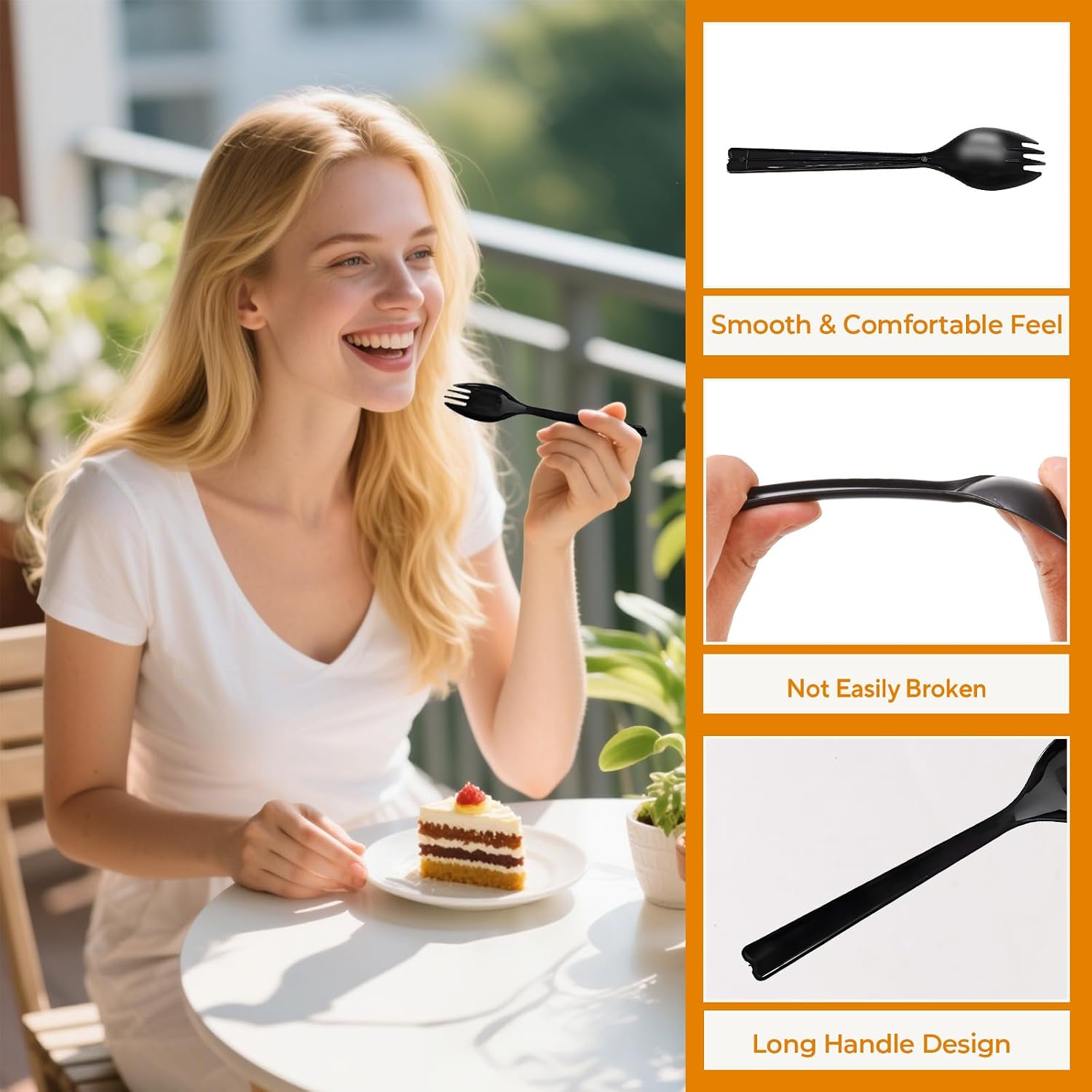 50Pcs Long Handle Plastic Spork, 6.3Inch Large Disposable Utensils, Heavy Weight Black Fork Spoon Combo for Appetizer, Catering, School Lunch, To-Go & Party Use