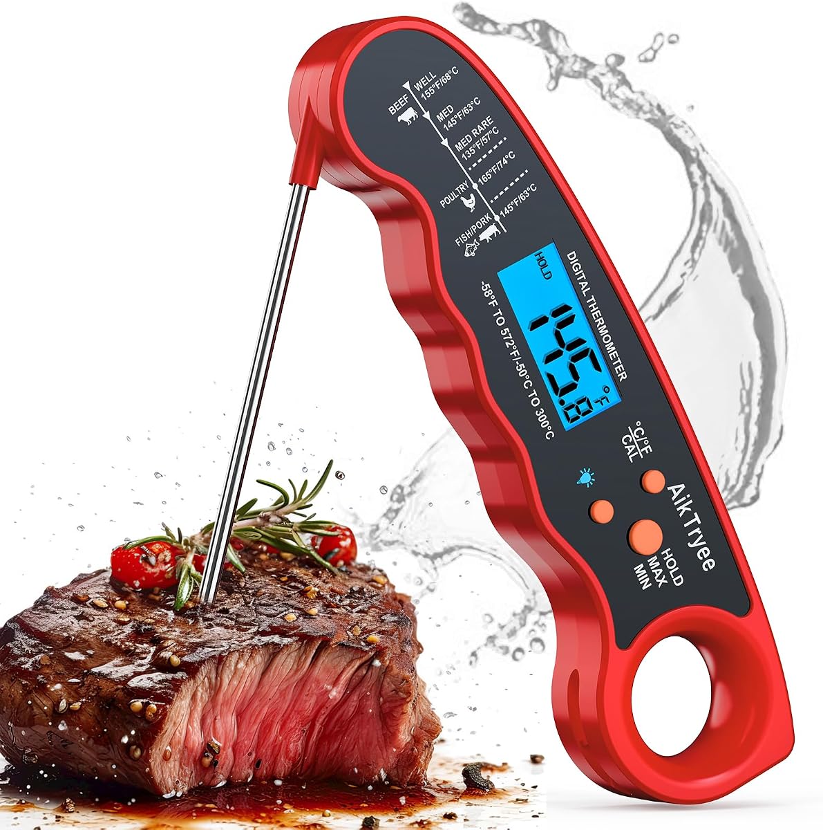 AikTryee Termómetro digital de lectura instantánea para carne, cocina, cocina, alimentos, dulces, termómetro para aceite, freír, barbacoa, parrilla, ahumador