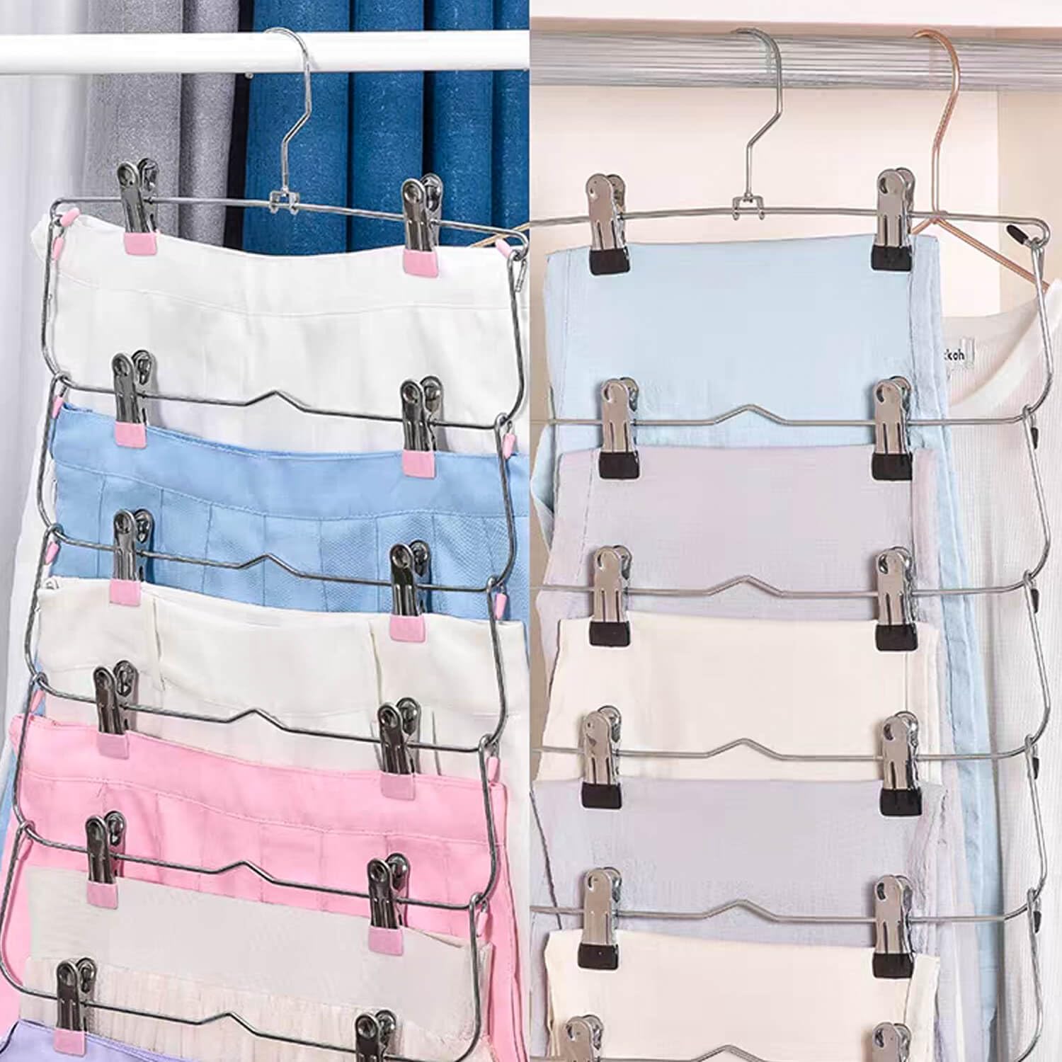 Perchas para faldas y pantalones con clips, perchas de 6 niveles para faldas que ahorran espacio, metal, organizador de armario antideslizante y almacenamiento para múltiples prendas y pantalones
