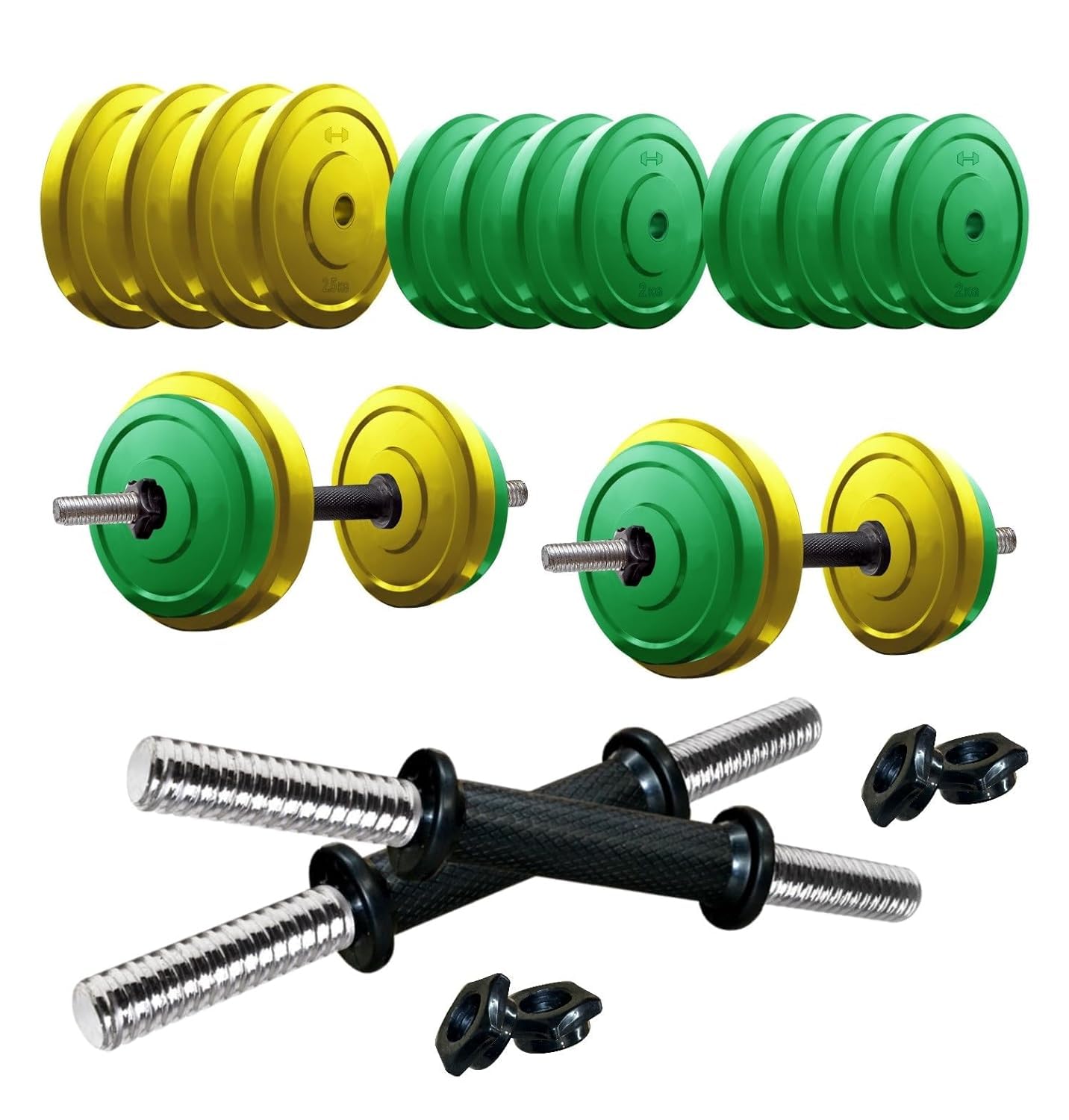 AMAZON BRAND - SYMACTIVE PREMIUM COLOURED SOLID RUBBER ADJUSTABLE 26 KG DUMBBELLS FITNESS KIT FOR FULL BODY WORKOUT (2 KG X 8 + 2.5 KG X 4 RUBBER WEIGHT, 14 DUMBBELL RODS PAIR & NUTS) (B0CV84JN5P) Amazon Price History, Amazon Price Tracker
