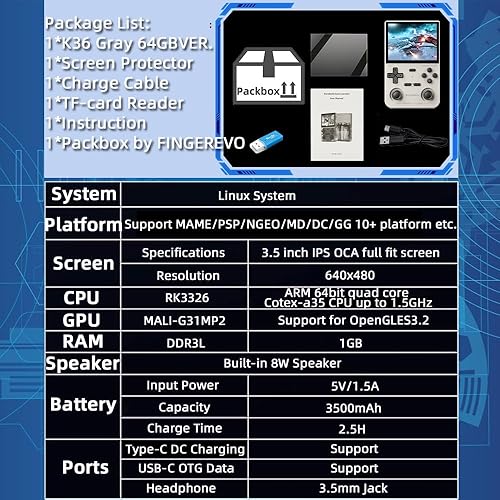 Miniatura 7 de K36 Consola de juegos portátil 3.5 en 640 * 480 IPS OCA pantalla 3500mAh RK3326 sistema de código abierto gris