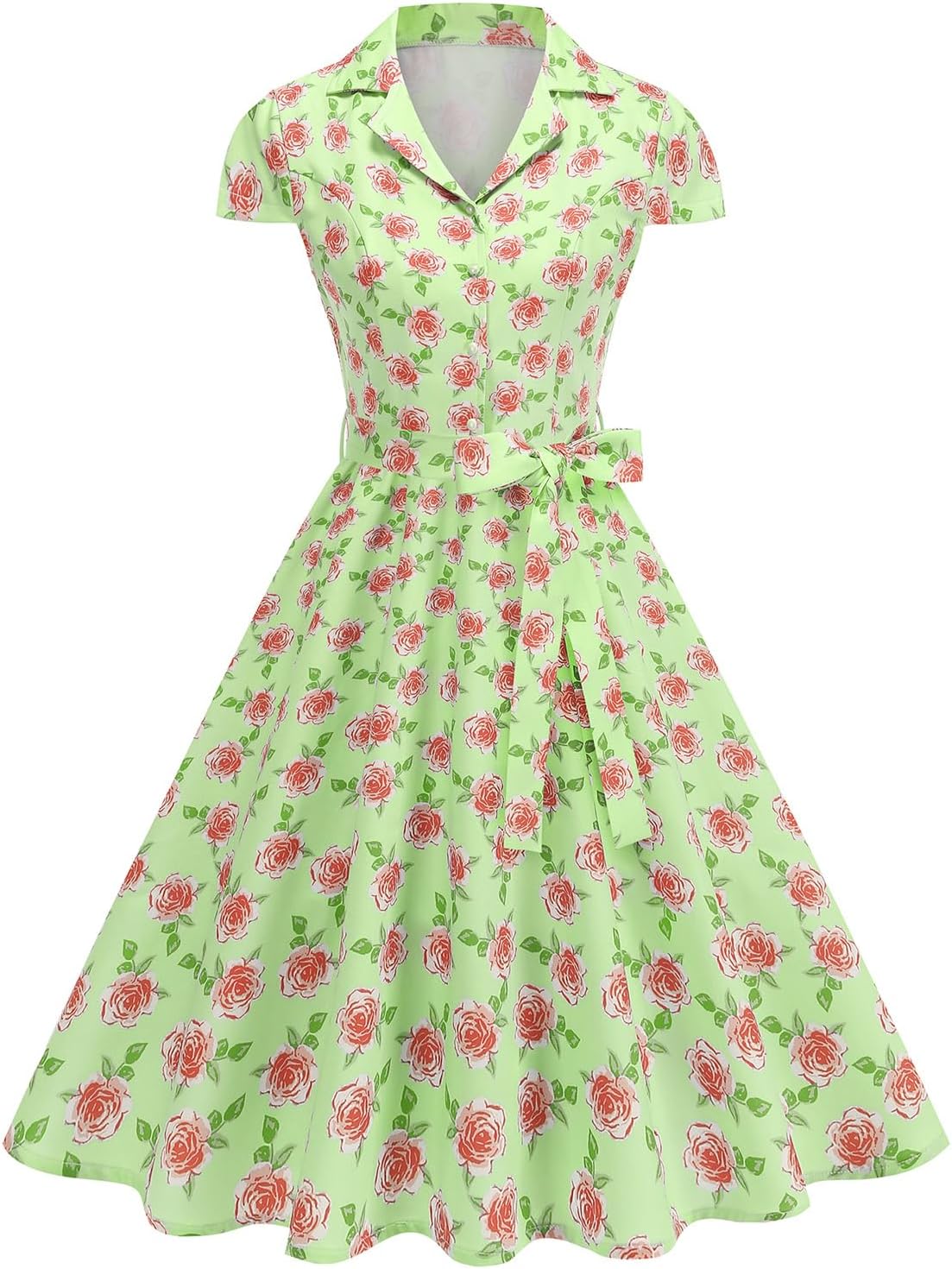 ODIZLI Women's 1950s Vintage Dress Cap Sleeve Floral Print Midi Dresses with Belt A Line Swing Rockabilly Dress