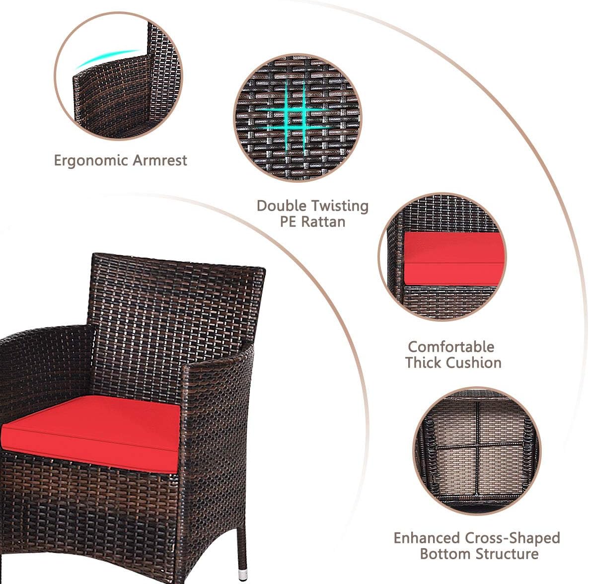 KOTEK 3 Piece Patio Furniture Set, Outdoor Wicker Conversation Set w/Glass Top Coffee Table, Thick Cushions, Rattan Bistro Set for Patio, Garden, Porch, Lawn (Red)