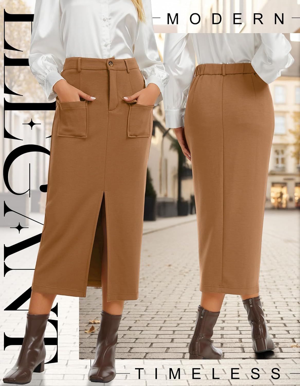 Womens Midi Pencil Skirt Spring High Waist Cargo Skirt with Pockets Summer Slit Dressy Casual Business Long Skirts - Image 2