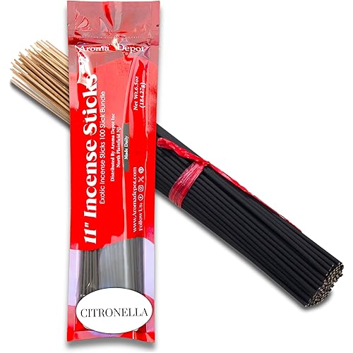 Aroma Depot Citronella Type Most Exotic Incense Sticks. Approx. 85 to 100 Sticks Per Bundle, Length - 10.5 Inches, Each Natural Stick burns for 45 mins to 1 Hour Each. LONG LASTING Guarantee 100% pure