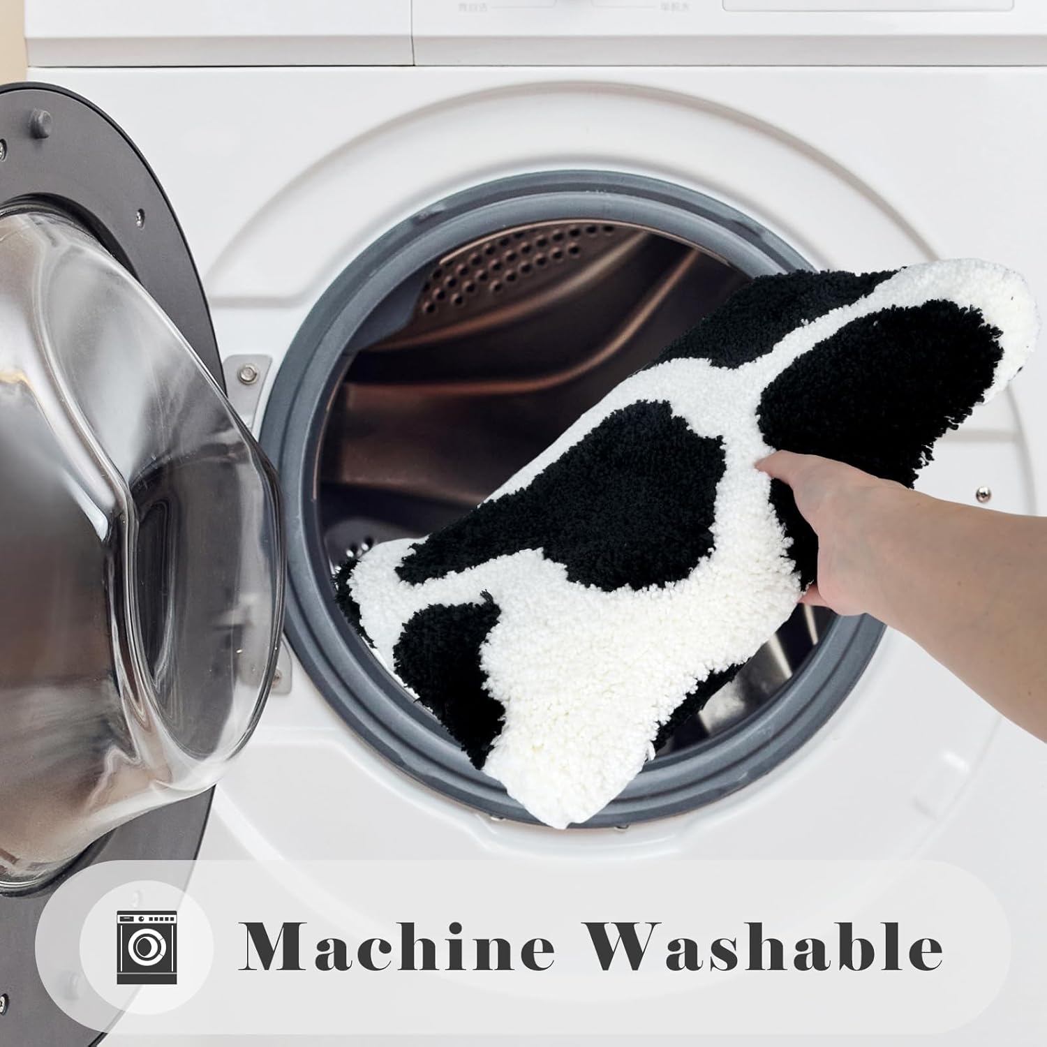 Cow Print Bathroom Rugs, Soft Thick Microfiber, Funny Cute Animal Print Bath Decor Rugs, 20"x32" Flocked Carpet Bathtub Mats, Water Absorbent Non Slip Mat for Shower (Black)