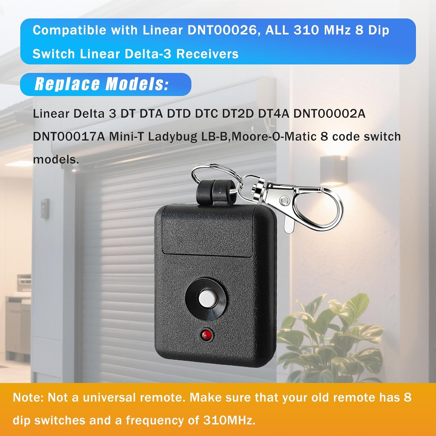 Garage Door Opener Remote for Linear Delta-3 DNT00026 MINI-T 1-Channel Ladybug Miniature Keychain Transmitter Remote 310MHz 8 Dip Switch Garage Door Transmitter(1 Pack)