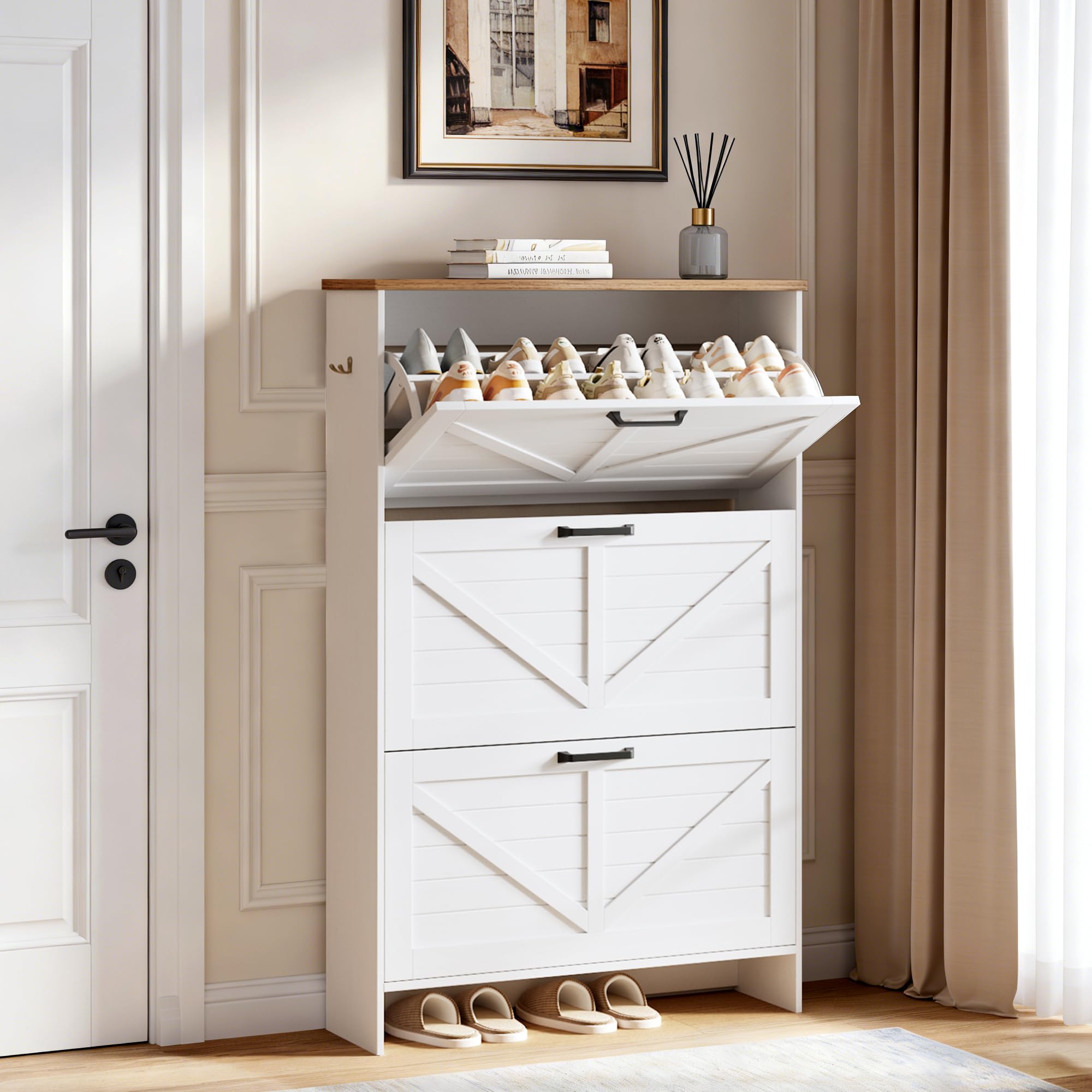 Nicetree Shaker Barn Door Shoe Storage Cabinet for Entryway, 3 Flip Drawers & 3-Tier Adjustable Shelves, Ultra Slim Freestanding, Modern Rustic