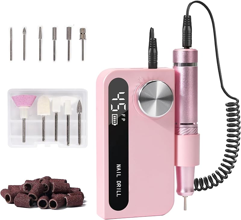 Cordless Electric Nail Drill Professional, Rechargeable Nail File Machine for Acrylic Nails & Gel Polish, Portable Manicure & Salon Nail Kit for Home Use (Pink)