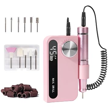 Cordless Electric Nail Drill Professional, Rechargeable Nail File Machine for Acrylic Nails & Gel Polish, Portable Manicure & Salon Nail Kit for Home Use Pink