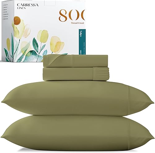 Carressa Linen Juego de sábanas de algodón egipcio suave de fibra larga de 800 hilos, juego de 4 piezas, sábanas tamaño King, hasta 17 pulgadas de