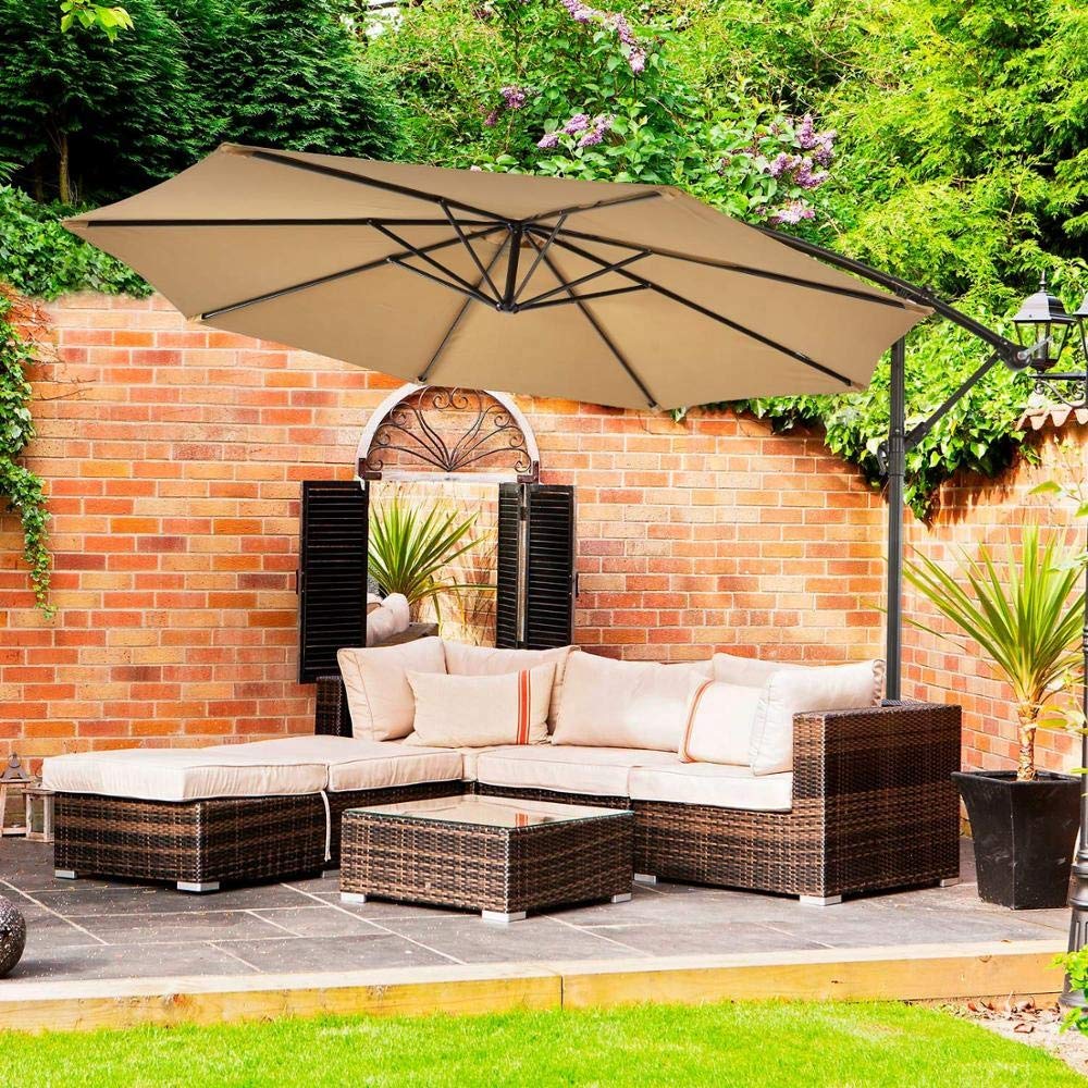 Sonnensegel für den Garten im Freien, 3 m, versetzter Terrassenschirm, wasserdicht, UV-Schutz, großer Ampelschirm mit Kurbel und Kreuzfuß für Hof, Gartendeck (Farbe: Beige) Garten