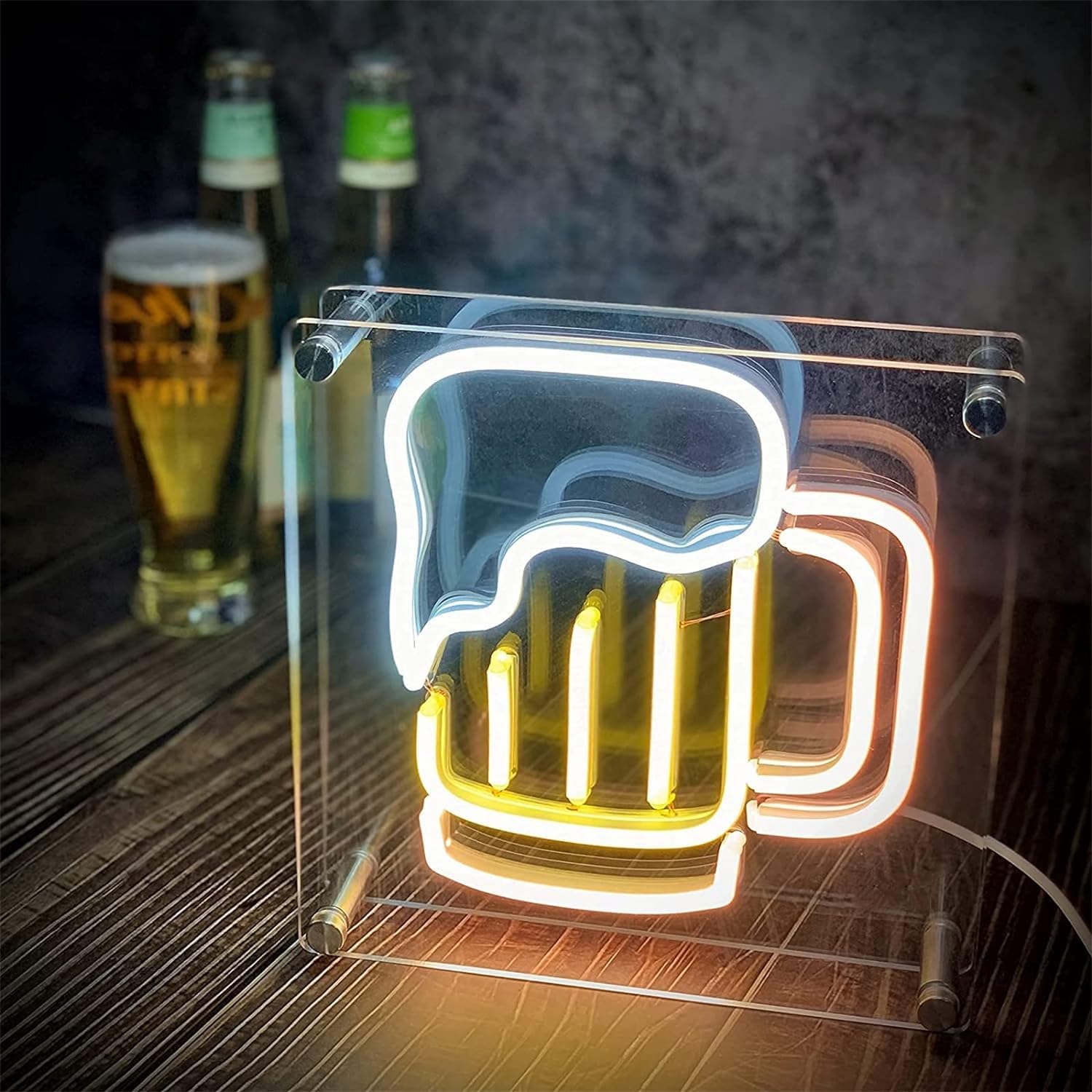 KIJyfgTR LED Neon Light Sign 3D Beer Neon Signs, Bar Decor USB Powered Acrylic LED Neon Lights, Table Wall Hanging Night Lights Signboard, 21X21cm