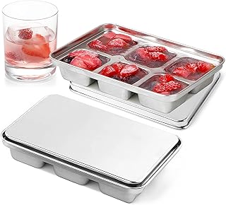 GLENDAVENY Ice Cube Tray with Lid, 2 Pack 12 Big Cubes, Stainless Steel Ice Cube Trays for Freezer, Ice Cube Molds for Cocktails, Whiskey, Drinks, and Ice Coffee, Easy Release