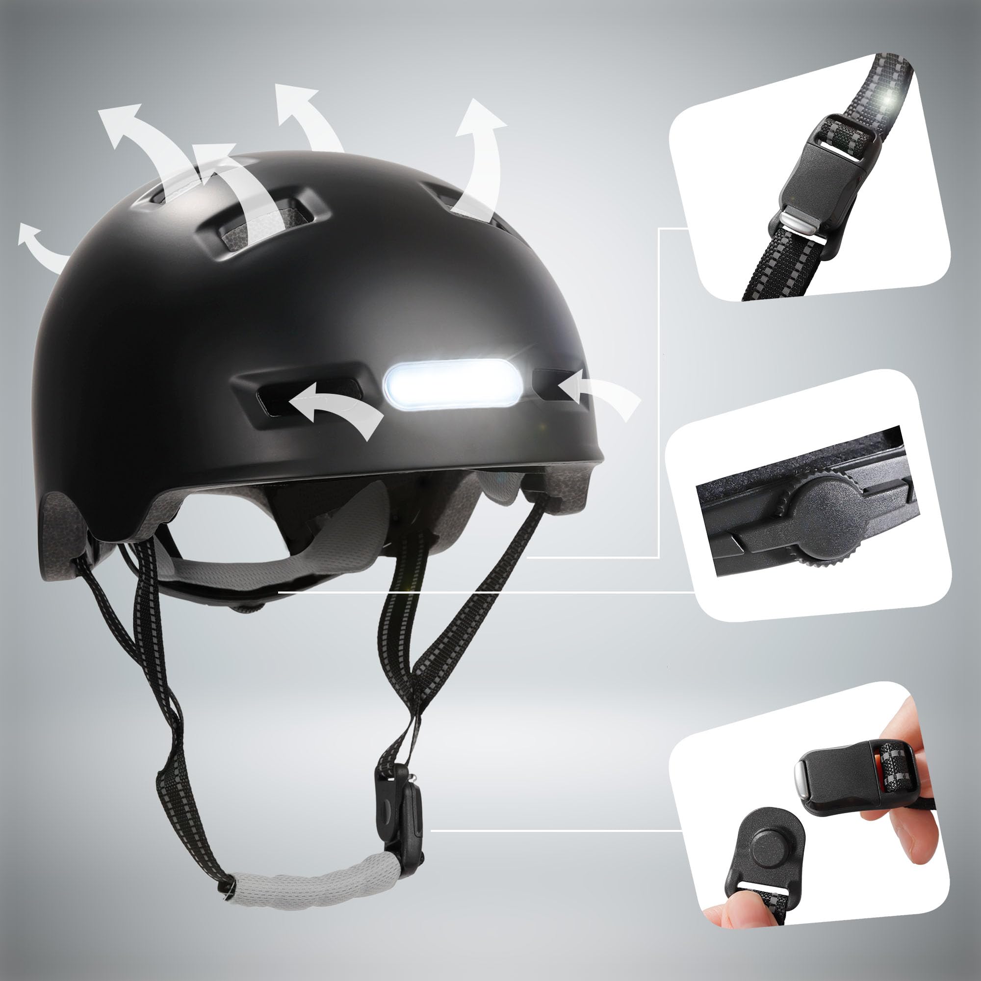 Crazy Safety Vertigo Casco da Città Nero per Bici con Luce USB Anteriore e Posteriore | Casco da Bici, Skateboard, Pattini, BMX | Casco da Monopattino per Uomo e Donna | M 54-57 cm