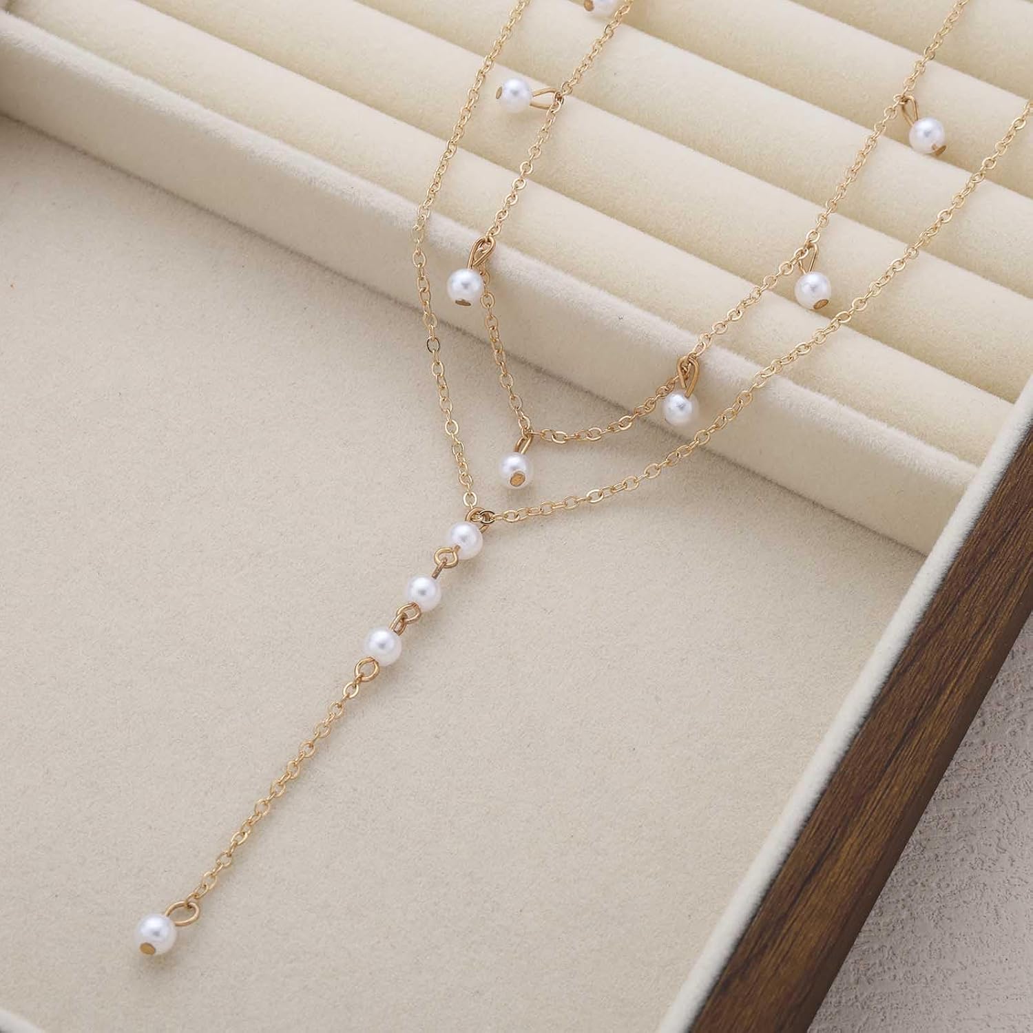 Vintage Long Pearl Y Drop Necklace Layered Pearl Choker Necklace White Bead Lariat Necklaces Gold Pearls Dangle Necklaces Chain Wedding Bridal Necklace Jewelry for Women - Image 4