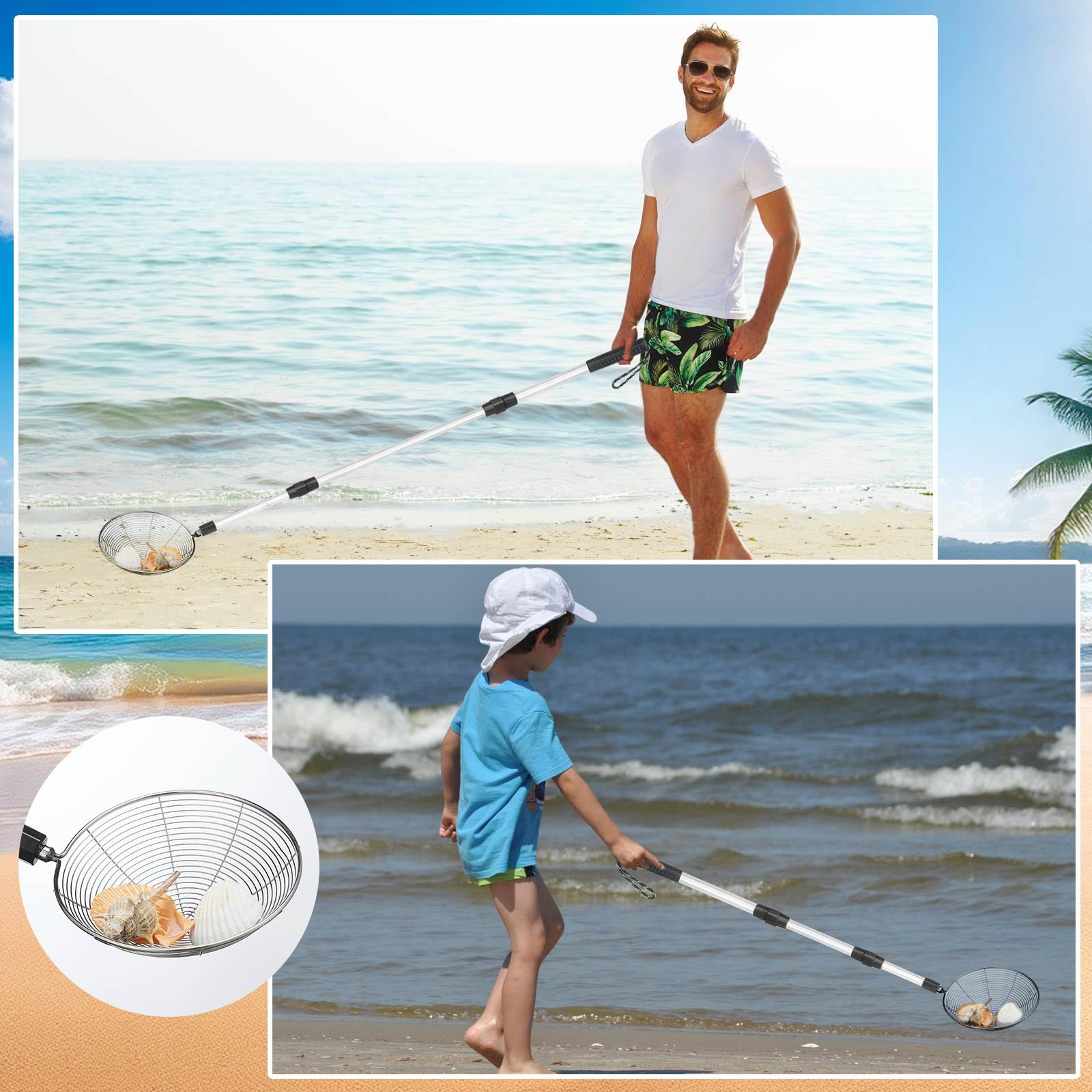 2 pala da spiaggia regolabile da 34,65 a 63,98 pollici setaccio per sabbia per la pala da sabbia da spiaggia include cestino da 11,4 e 15,5 cm, strumento affidabile per setacciare la