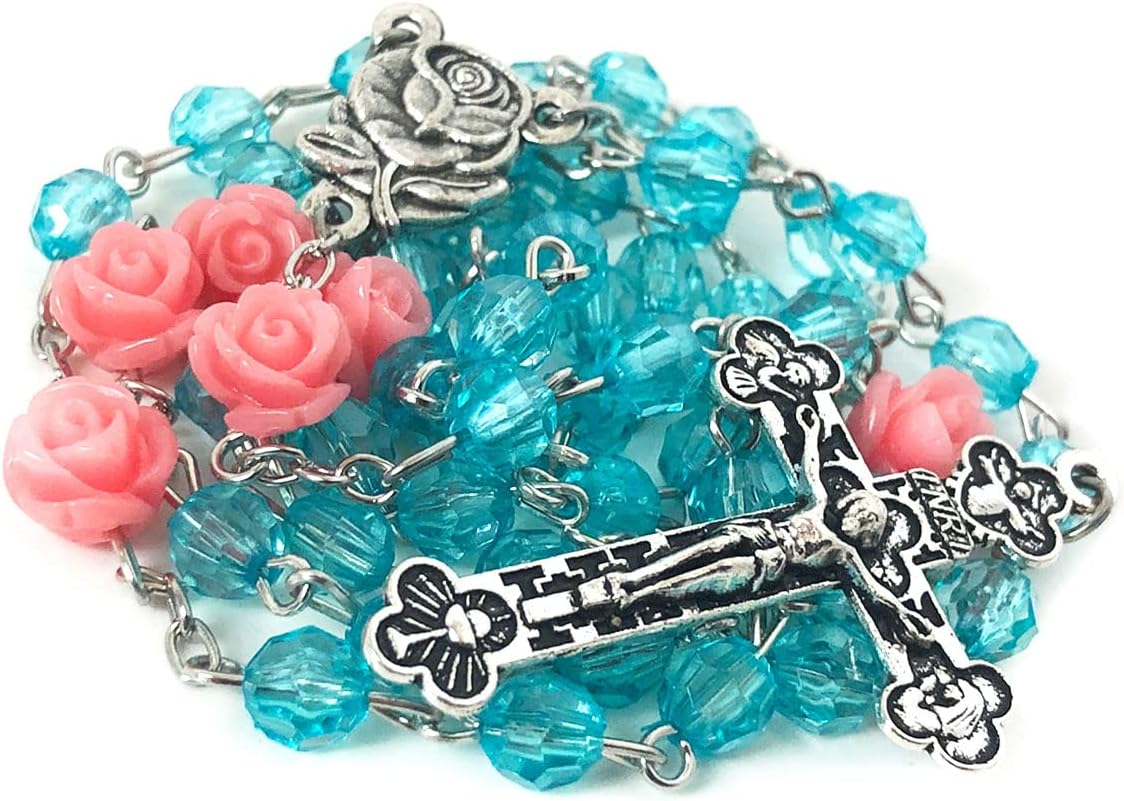 Lourdes Turquoise Crystal Cut Pink Rose Rosary Beads Catholic for Women - Catholic Gifts - Rosary Necklace for Women - Image 3