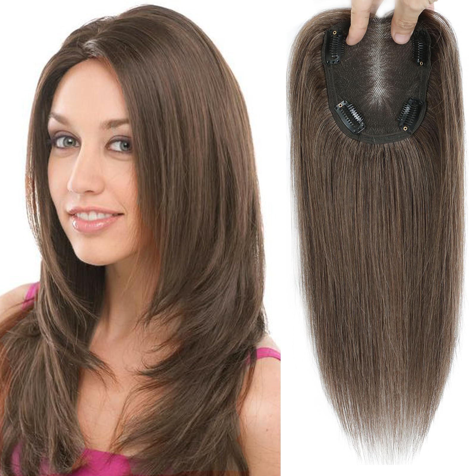 Human Hair Toppers for Women Real Human Hair Topper with Thinning Hair Clip In Topper Hairpieces 40g No Bangs 10 * 12CM Swiss Base Wiglets Top Hair Toppers 12Inch （Medium Auburn Brown）