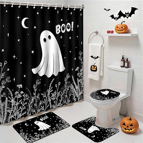 Mocsicka Juego de 4 cortinas de ducha de Halloween, juego de cortinas de ducha de fantasmas espeluznantes negras con antideslizante, lavable,