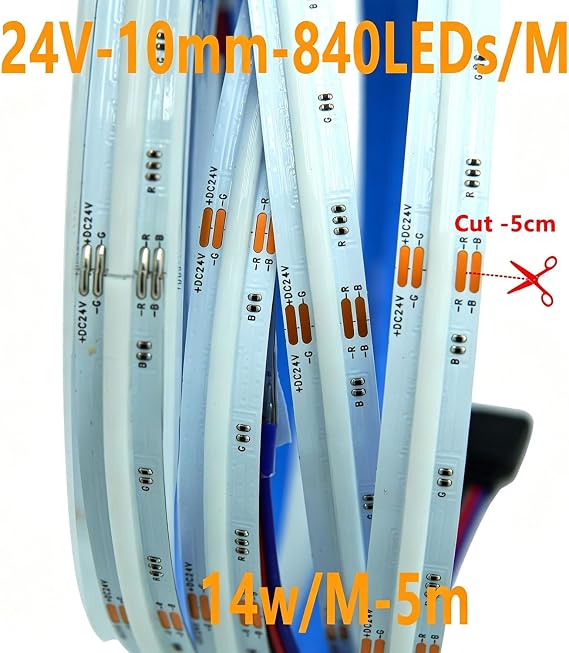 24V RGB COB LED Strip Light,5M 840LEDs/M 10mm High Density Bright Dotless Light Strip RGB Colour Changing Stick On LED Lights for Bedroom, Party, Club,DIY Decoration [Energy Class F]