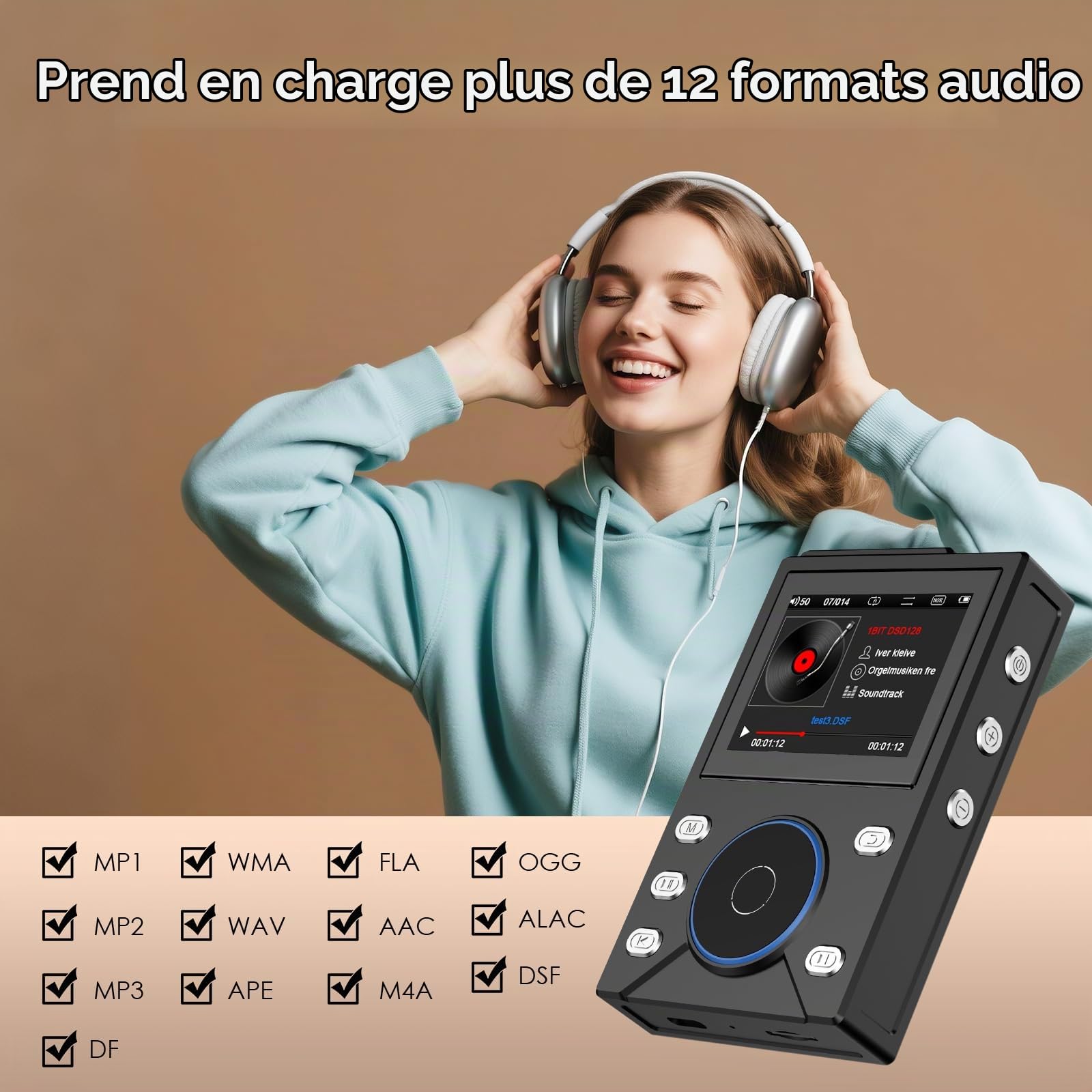 Gueray Lecteur MP3 HiFi 16GB avec Bluetooth 5.3 - Lecteur Audio Numérique Haute Résolution sans Perte, Supporte Radio FM, Enregistreur Vocal, Carte Mémoire 64GB (Extension jusqu'à 256GB)