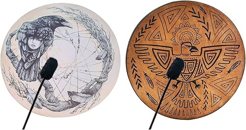 Miniatura 7 de Firlar Tambor de chamán, tambor de chamán hecho a mano con patrón de cuervo de 10 pulgadas con baqueta, instrumento espiritual, aspecto exquisito,