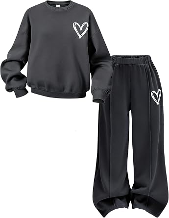 Kids Girls Clothes Tracksuit Set 6-14 Years Sweatshirt & Wide Leg Pants with Heart Print Casual Outfit