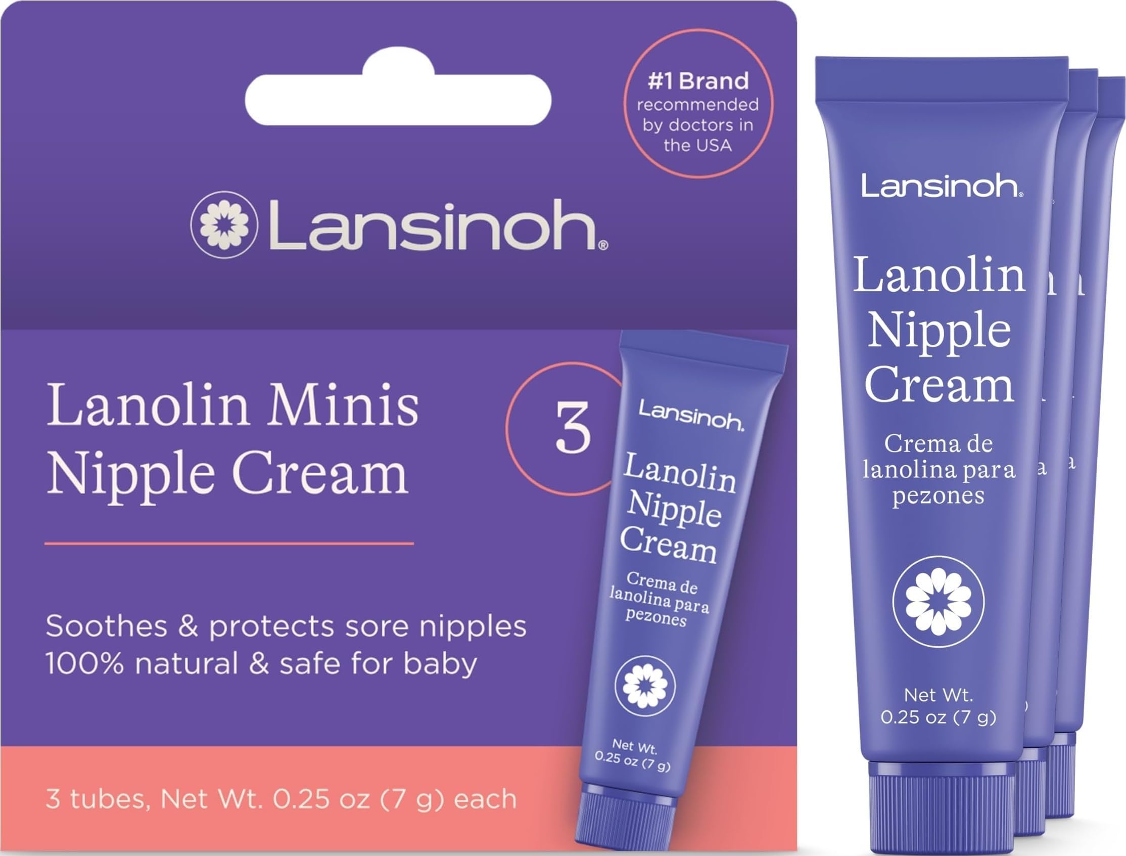 Lansinoh Lanolin Nipple Cream Safe for Breastfeeding Baby, 100% Natural Nipple Butter, Breastfeeding Essentials for Postpartum Moms, 3 Mini Tubes, Each 0.25 Ounces
