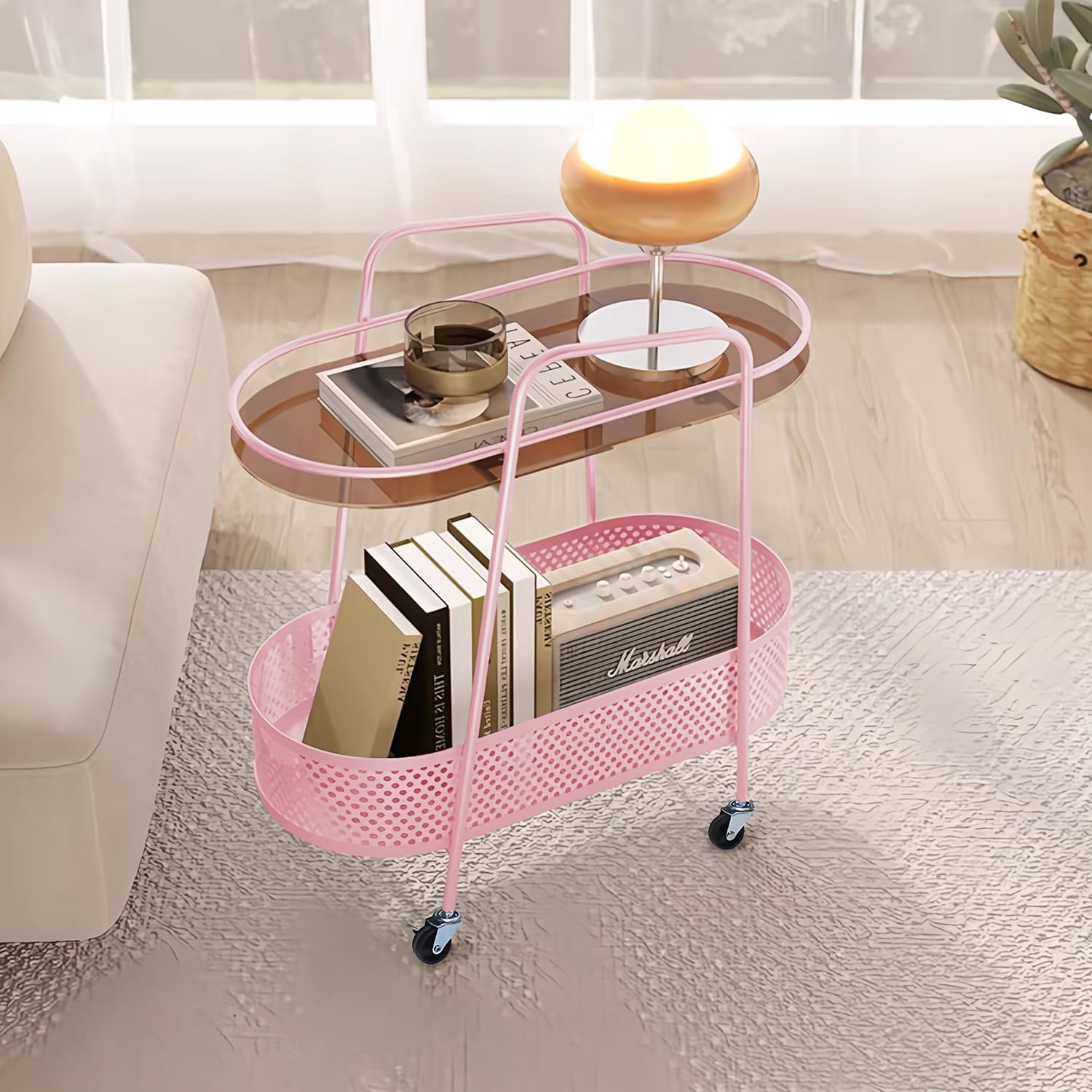 2-Tier Bar Carts with Storage Basket, Modern Rolling Storage Shelves with Wheels and Glass Holder, Metal Round Mobile Bar Serving Cart for Home, Bistro, Kitchen, Living Room, Dining Room (Pink)