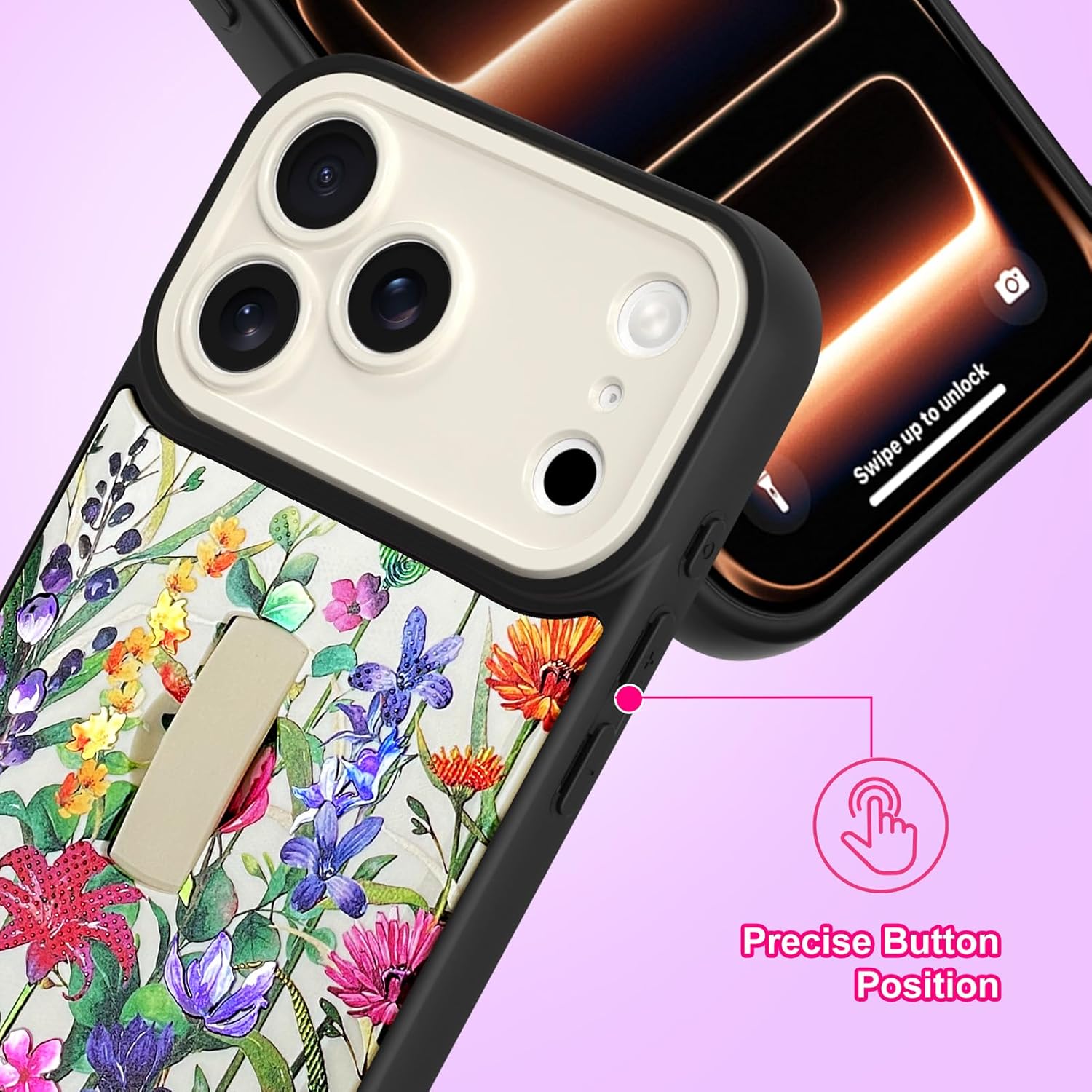 tharlet for iPhone 17 Pro Max Case with Screen Protector(6.9"), with Finger Hand Strap Kickstand, Pink Flowers Sparkling Design, Full Camera Protection Cover, Glitter Pink Flower