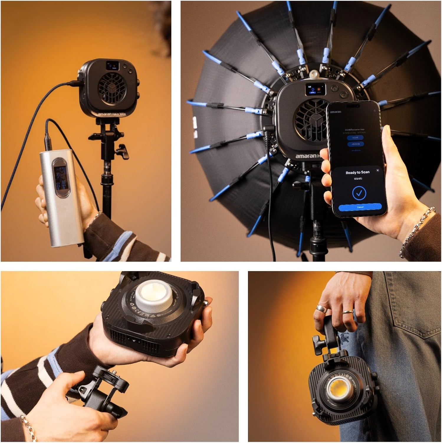 Amaran Halo 100x 100W Bi-Color COB Monolight – 4,890 Lux, CCT 2,700K -6,500K,CRI 96+, 28dBA Quiet,Dual AC/USB-C Power,App Control, Bowens Mount Continuous Light for Studio/Streaming/Location Shooting