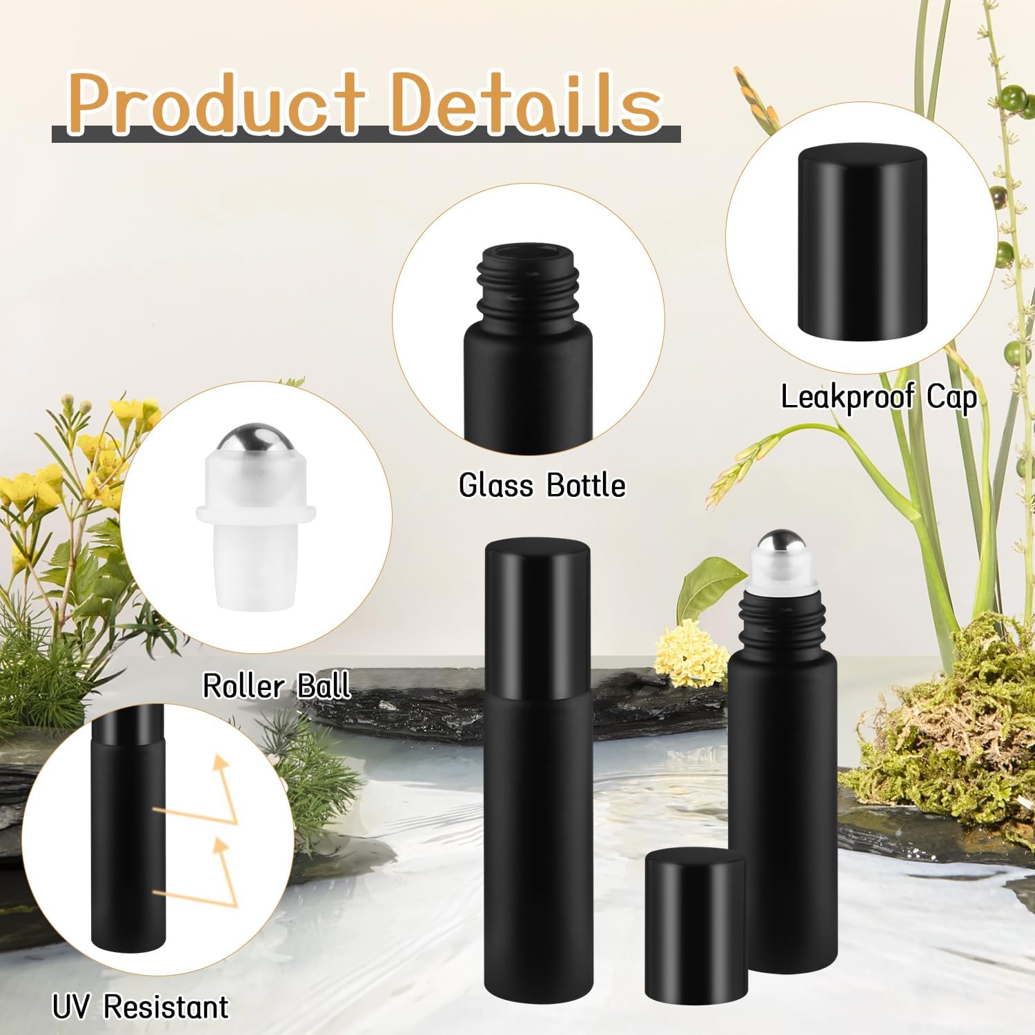 24 Pcs Essential Oil Roller Bottles 0.34oz/10ml Black Frosted Glass Roll on Bottle Empty Cosmetic Jars with Stainless Steel Roller Balls & Black Lids for Perfume Travel