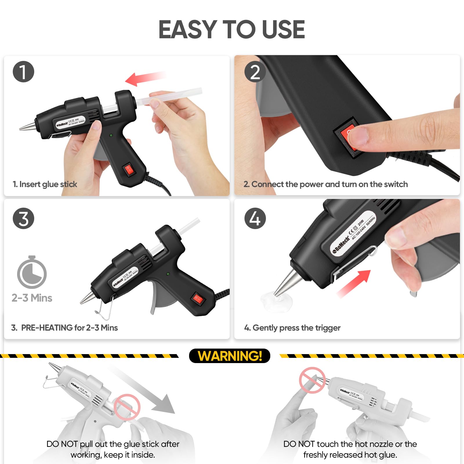 ROMECH Mini pistola per colla a caldo da 20 W con 30 bastoncini di colla, preriscaldamento rapido, kit per colla a caldo, resistente, per artigianato, fai da te, riparazioni (nero)