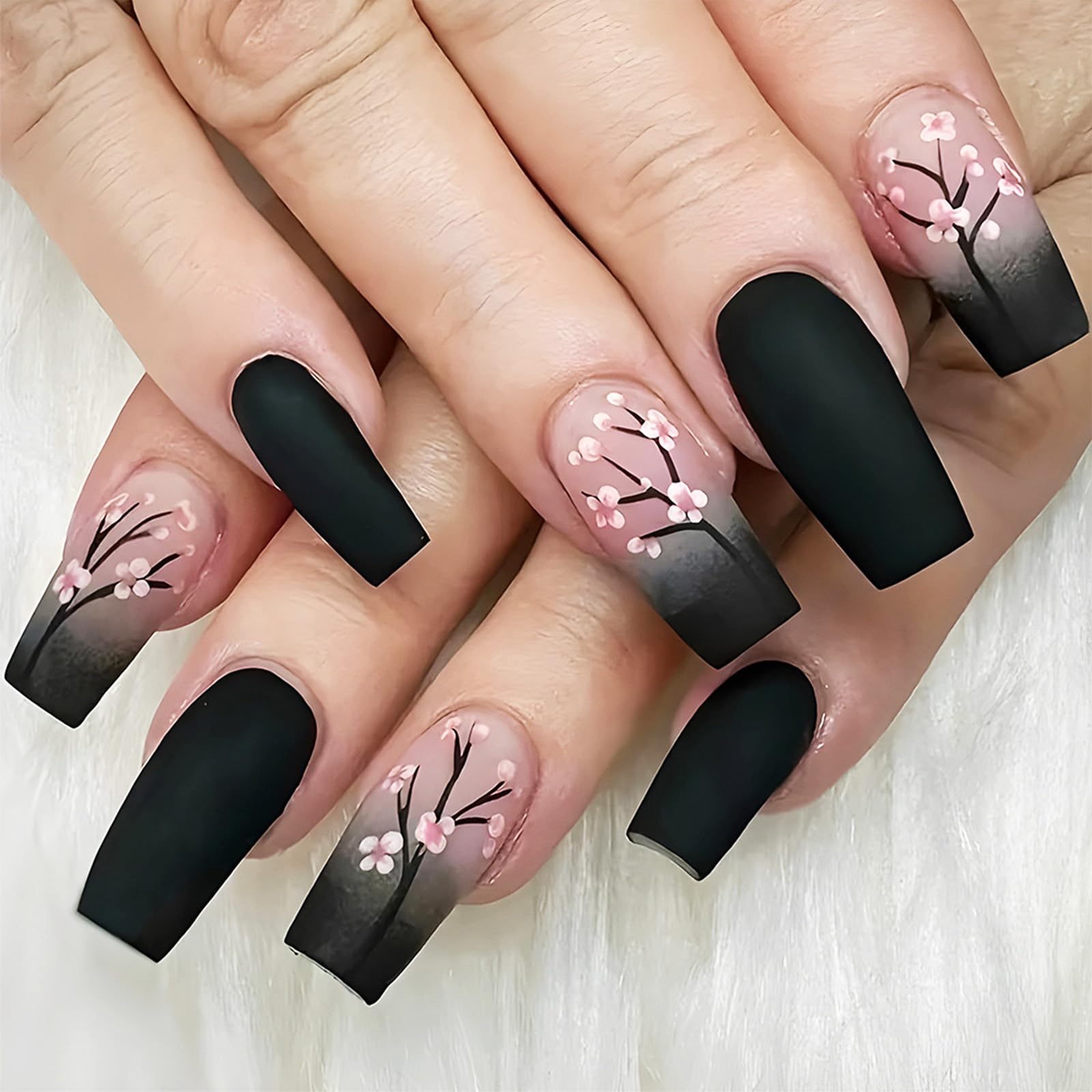 Spring Flower Press on Nails Black Gradient Medium Square False Nails 24 Pcs Glossy Pink Plum Blossom Acrylic Fake Nails Gel Glue on Nails Black French Tips Stick on Nails for Coquette Women Girls