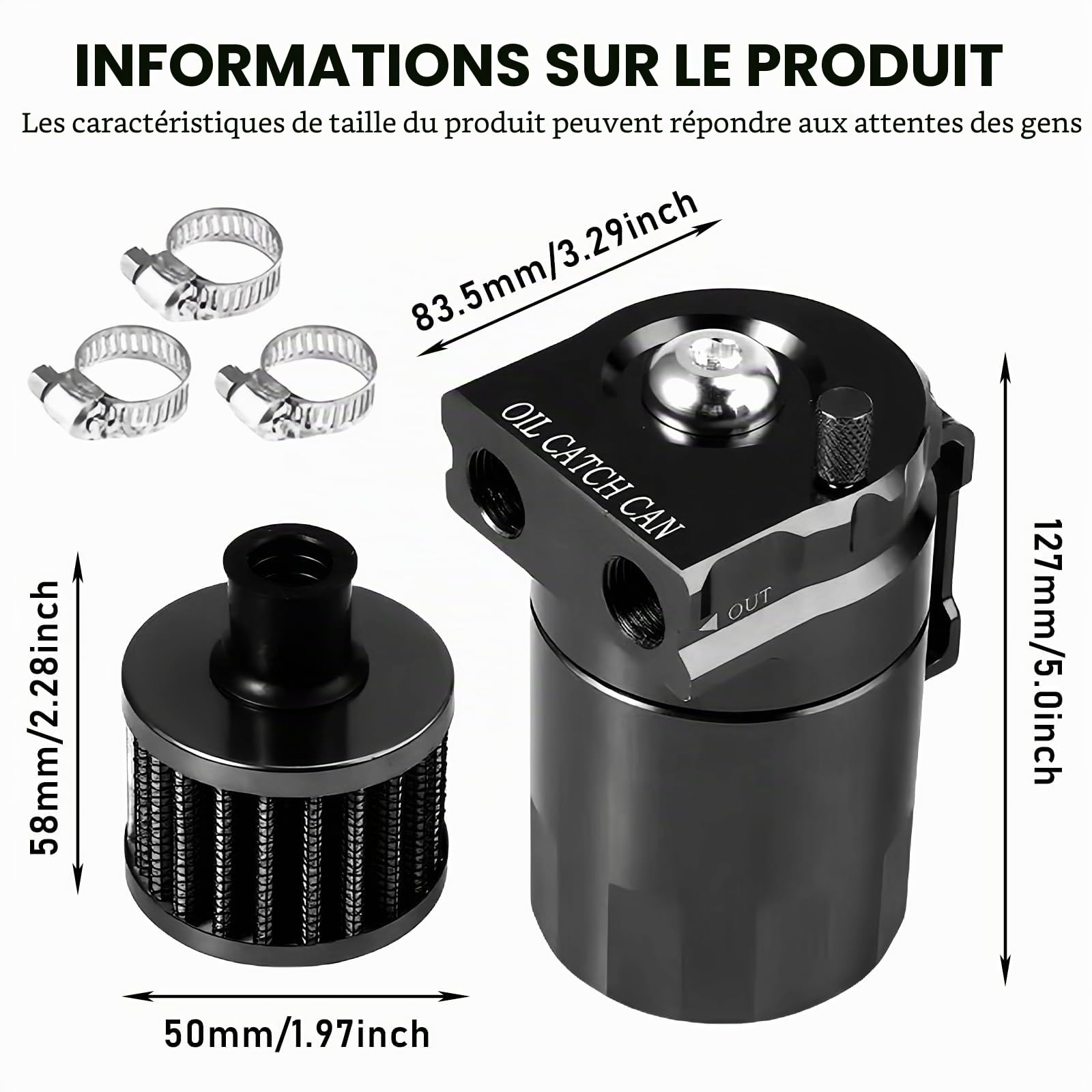 Réservoir de récupération d'huile avec filtre à air, 300 ml, collecteur d'huile en aluminium, réservoir d'huile, réservoir de voiture avec accessoires, ligne de carburant 3/8" (noir)
