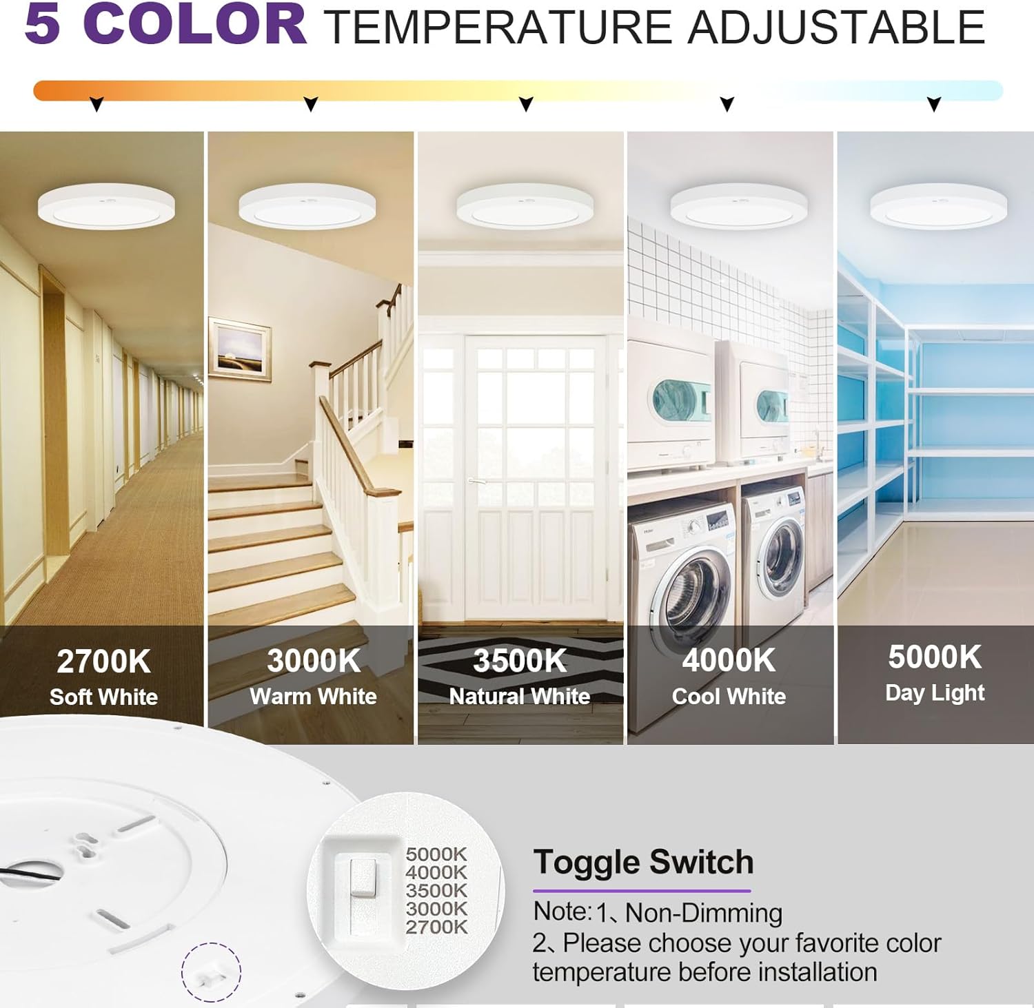 Motion Sensor Ceiling Light, 5CCT Selectable 24W 1500LM, 12 Inch LED Flush Mount Light Fixture Hard Wired, Motion Activated Lights Indoor for Hallway, Stairs, Laundry, Non-Dimmable - 1PK