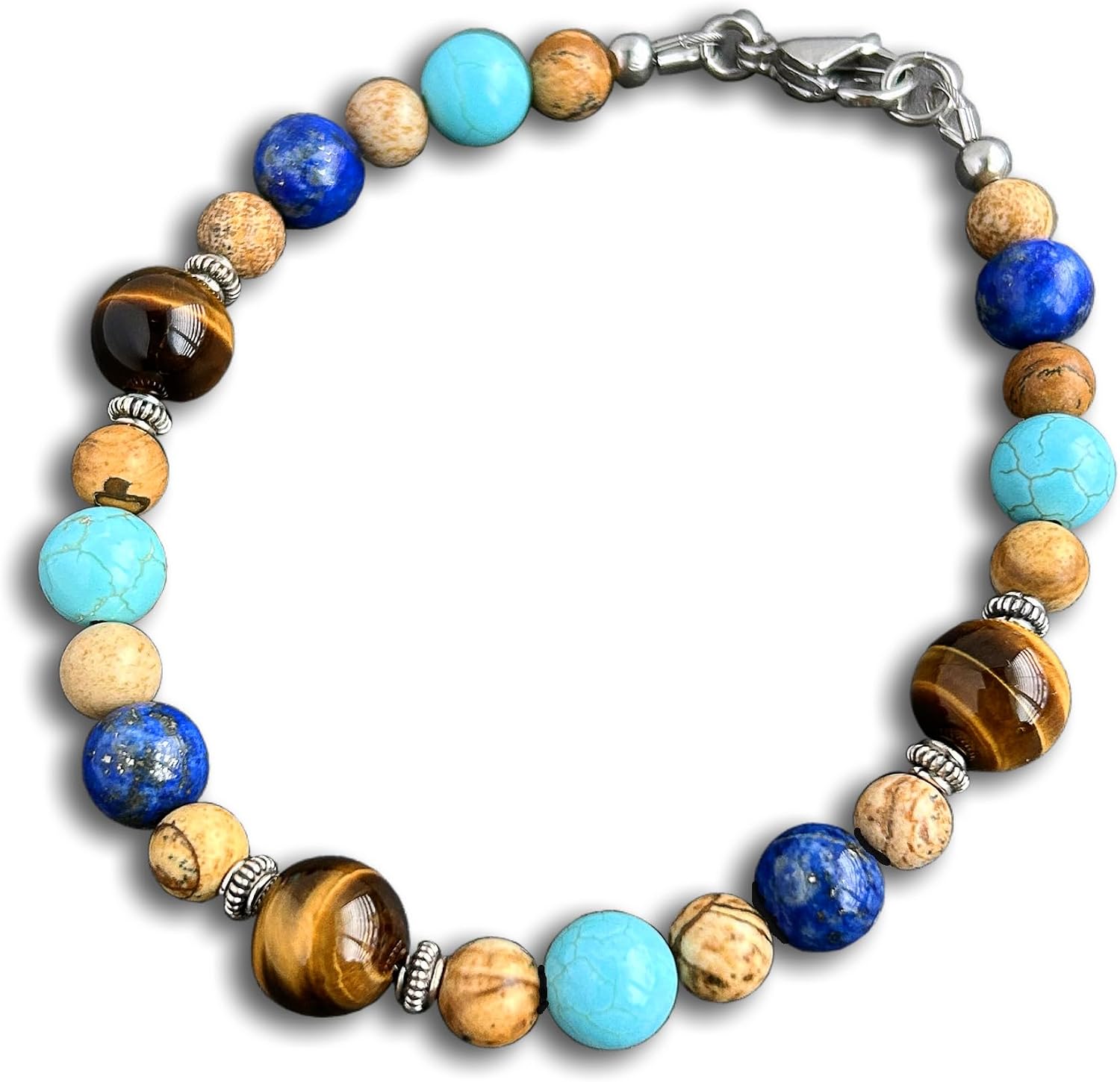 Mami's Gem Studio Mens Gemstone Bracelet - Blue Lapis, Magnesite, Tiger Eye, Picture Jasper with Bali Sterling Silver - Handcrafted in USA